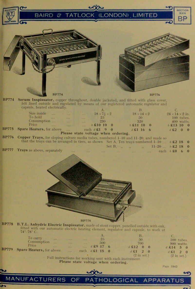 It V BAIRD & TATLOCK (LONDON) ^ LIMITED XXIV BP TWOrHABK r<^ BP774 BP775 BP776 BP777 Serum Inspissator, copper throughout, double jacketed, and htted with glass cover, felt lined outside and regulated by means of our registered automatic regulator and capsule, heated electrically. ^ B Size inside To hold Consumption .... Price Spare Heaters, for above 18 lhx2 18 X 14 X 2 50 230 320 ... 6 £10 10 0 b&n 10 0 fc£13 each d£l 9 0 ^f£l 16 6 d £2 Please state voltage when ordering. Copper Trays, for sloping culture media tubes, numbered 1-10 and 11-20, and made so that the trays can be arranged in tiers, as shown Set A, Ten trays numbered 1-10 .... b £2 SetB, „ „■ „ 11-20.... b£2 Trays as above, separately .... .... .... .... .... .... each h £0 C. 24 X 14 X 2 in. 100 tubes. 400 watts. 10 0 18 18 6 0 0 0 0 0 BP778 BP779 Electric Inspissator, made of stout cop])er, panelled outside with oak, 74°^7go C automatic electric heating element, regulator and capsule, to work at To carry Consumption .... Price Spare Heaters, fur above each A. 25 500 d£9 17 6 d£l 15 0 B. .50 700 d£l2 0 0 d£l 2 0 Full • (2 in set.) instructions for working sent with each instrument. Please state voltage wdien ordering. C. UK.) tubes. 000 watts. d£14 5 0 f/£I 2 0 (2 in set.) Page I1M3