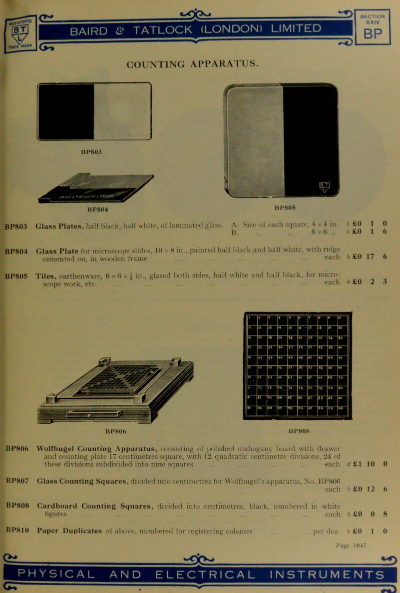 ‘-OP- SECTION BAIRD & TATLOCK (LONDON) LIMITED XXIV BP 1 COUNTING APPARATUS. BP803 ^MDt TAT LOCK LT/ifO0¥ - BP804 ol#,'-'!: ->4. if* BP805 BP803 Glass Plates, half black, half white, of laminated glass. A. Size of each square, 4 x 4 in. ft £0 1 0 B. „ „ (i X« „ ft £0 1 6 BP804 Glass Plate for microscope slides, 10 x 8 in., painted half black and half wdiite, with ridge cemented on, in wooden frame .... .... .... •••• each fc£0 17 6 BP805 Tiles, earthenware, 6 xO x J in., glazed both sides, half white and half black, for micro- scope work, etc. each ft £0 2 3 BP806 BP808 BP806 Wolfhugel Counting Apparatus, consisting of polished mahogany board with drawer and counting plate 17 centimetres square, with 12 quadratic centimetre divisions, 24 of these divisions subdivided into nine squares .... .... .... .... each rf£l 10 0 BP807 Glass Counting Squares, divided into centimetres for Wolfhugel’s apparatus, No. BP80(» each ft£0 12 6 BP808 Cardboard Counting Squares, divided into centimetres, black, numbered in white figures .... .... .... .... .... .... .... .... each ft £0 0 8 BP810 Paper Duplicates of above, numbered for registering colonies Cii. per doz. ft £0 1 0 Page 1947 ^ PHYSICAL AND ELECTRICAL INSTRUMENTS