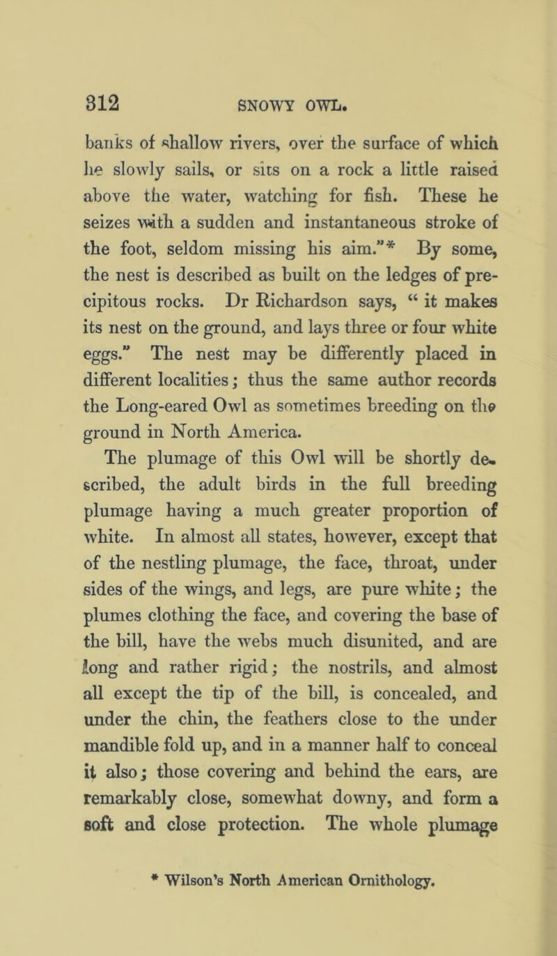 banks of shallow rivers, over the surface of which he slowly sails, or sits on a rock a little raised above the water, watching for fish. These he seizes with a sudden and instantaneous stroke of the foot, seldom missing his aim.”* By some, the nest is described as built on the ledges of pre- cipitous rocks. Dr Richardson says, “ it makes its nest on the ground, and lays three or four white eggs.” The nest may be differently placed in different localities; thus the same author records the Long-eared Owl as sometimes breeding on the ground in North America. The plumage of this Owl will be shortly de- scribed, the adult birds in the full breeding plumage having a much greater proportion of white. In almost all states, however, except that of the nestling plumage, the face, throat, under sides of the wings, and legs, are pure white; the plumes clothing the face, and covering the base of the bill, have the webs much disunited, and are long and rather rigid; the nostrils, and almost all except the tip of the bill, is concealed, and under the chin, the feathers close to the under mandible fold up, and in a manner half to conceal it also; those covering and behind the ears, are remarkably close, somewhat downy, and form a soft and close protection. The whole plumage * Wilson’s North American Ornithology.