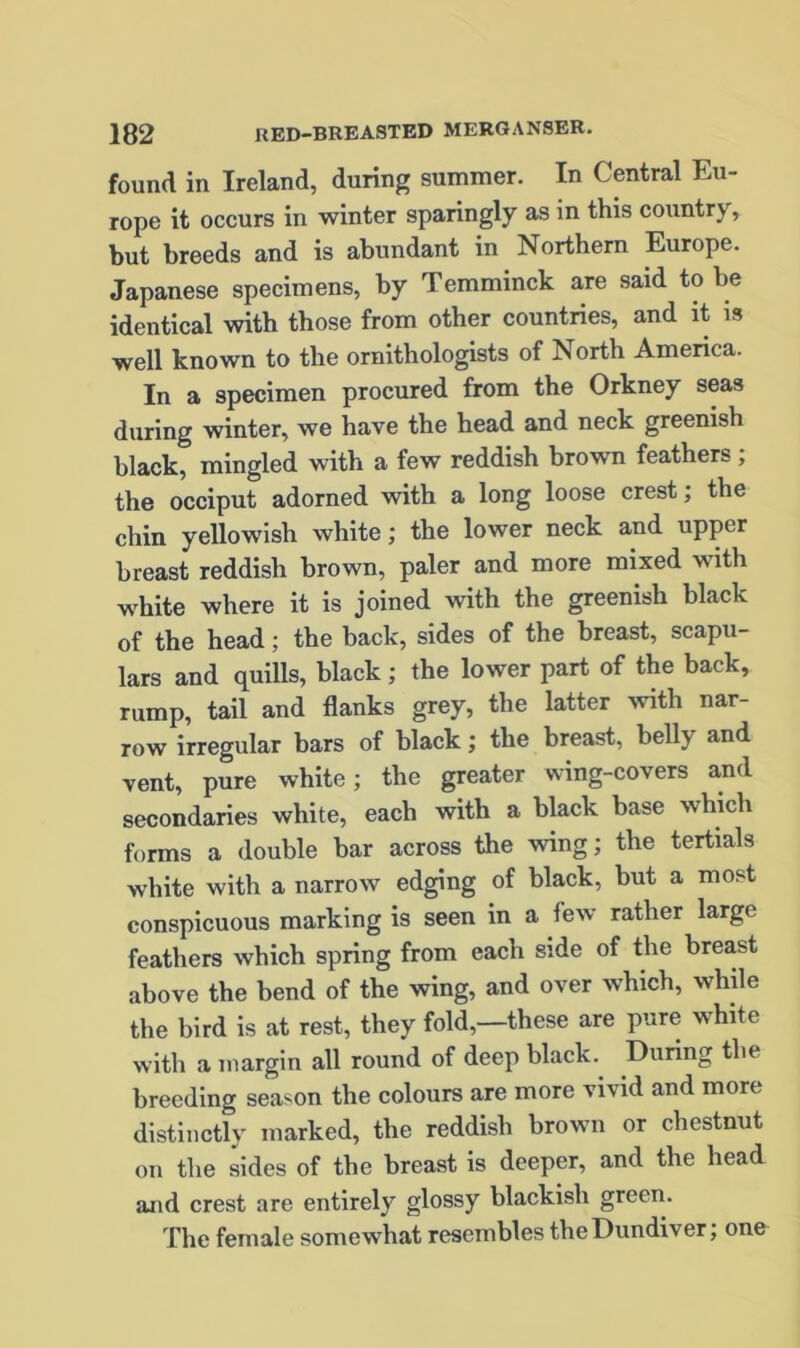 found in Ireland, during summer. In Central Eu- rope it occurs in winter sparingly as in this country, but breeds and is abundant in Northern Europe. Japanese specimens, by Temminck are said to be identical with those from other countries, and it is well known to the ornithologists of North America. In a specimen procured from the Orkney seas during winter, we have the head and neck greenish black, mingled with a few reddish brown feathers ; the occiput adorned with a long loose crest; the chin yellowish white; the lower neck and upper breast reddish brown, paler and more mixed with white where it is joined with the greenish black of the head; the back, sides of the breast, scapu- lars and quills, black; the lower part of the back, rump, tail and flanks grey, the latter with nar- row irregular bars of black; the breast, belly and vent, pure white; the greater wing-covers and secondaries white, each with a black base which forms a double bar across the wing; the tertials white with a narrow edging of black, but a most conspicuous marking is seen in a few rather large feathers which spring from each side of the breast above the bend of the wing, and over which, while the bird is at rest, they fold,—these are pure white with a margin all round of deep black.. During the breeding season the colours are more vivid and more distinctly marked, the reddish brown or chestnut on the sides of the breast is deeper, and the head and crest are entirely glossy blackish green. The female somewhat resembles theDundiver; one