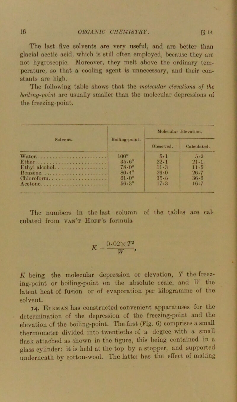 The last five solvents are very useful, and are better than glacial acetic acid, which is still often employed, because they are not hygroscopic. Moreover, they melt above the ordinary tem- perature, so that a cooling agent is unnecessary, and their con- stants are high. The following table shows that the molecular elevations of the boiling-point are usually smaller than the molecular depressions of the freezing-point. Solvent. Boiling-point. Molecular Observed. Elevation. Calculated. Water 100° 6-1 5-2 Ether 35-6° 22-1 21*1 Ethyl alcohol 78-0° 11-3 11.6 Benzene 80-4° 26-0 20-7 Chloroform 61 -0° 36-0 30.fi Acetone 56-3° 17-3 16-7 The numbers in the last column of the tables are cal- culated from van’t Hoff’s formula 0-02 XT2 W ’ K being the molecular depression or elevation, T the freez- ing-point or boiling-point on the absolute scale, and IF the latent heat of fusion or of evaporation per kilogramme of the solvent. 14. Eykman has constructed convenient apparatuses for the determination of the depression of the freezing-point and the elevation of the boiling-point. The first (Fig. 6) comprises a small thermometer divided into twentieths of a degree with a small flask attached as shown in the figure, this being contained in a glass cylinder: it is held at the top by a stopper, and supported underneath by cotton-wool, lhe latter has the effect of making