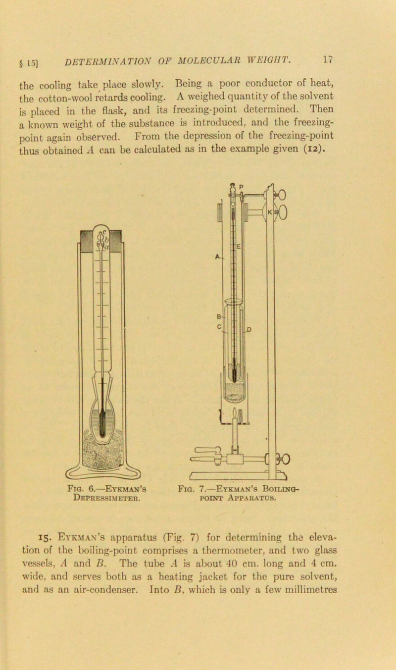 the cooling take place slowly. Being a poor conductor of heat, the cotton-wool retards cooling. A weighed quantity of the solvent is placed in the flask, and its freezing-point determined. Then a known weight of the substance is introduced, and the freezing- point again observed. From the depression of the freezing-point thus obtained A can be calculated as in the example given (12). Fig. 6.—Eykman’s Df.pressimeter. Fig. 7.—Eykman’s Boiling- point Apparatus. 15. Eykman’s apparatus (Fig. 7) for determining the eleva- tion of the boiling-point comprises a thermometer, and twro glass vessels, A and B. The tube A is about 40 cm. long and 4 cm. wide, and serves both as a heating jacket for the pure solvent, and as an air-condenser. Into B. which is only a few millimetres