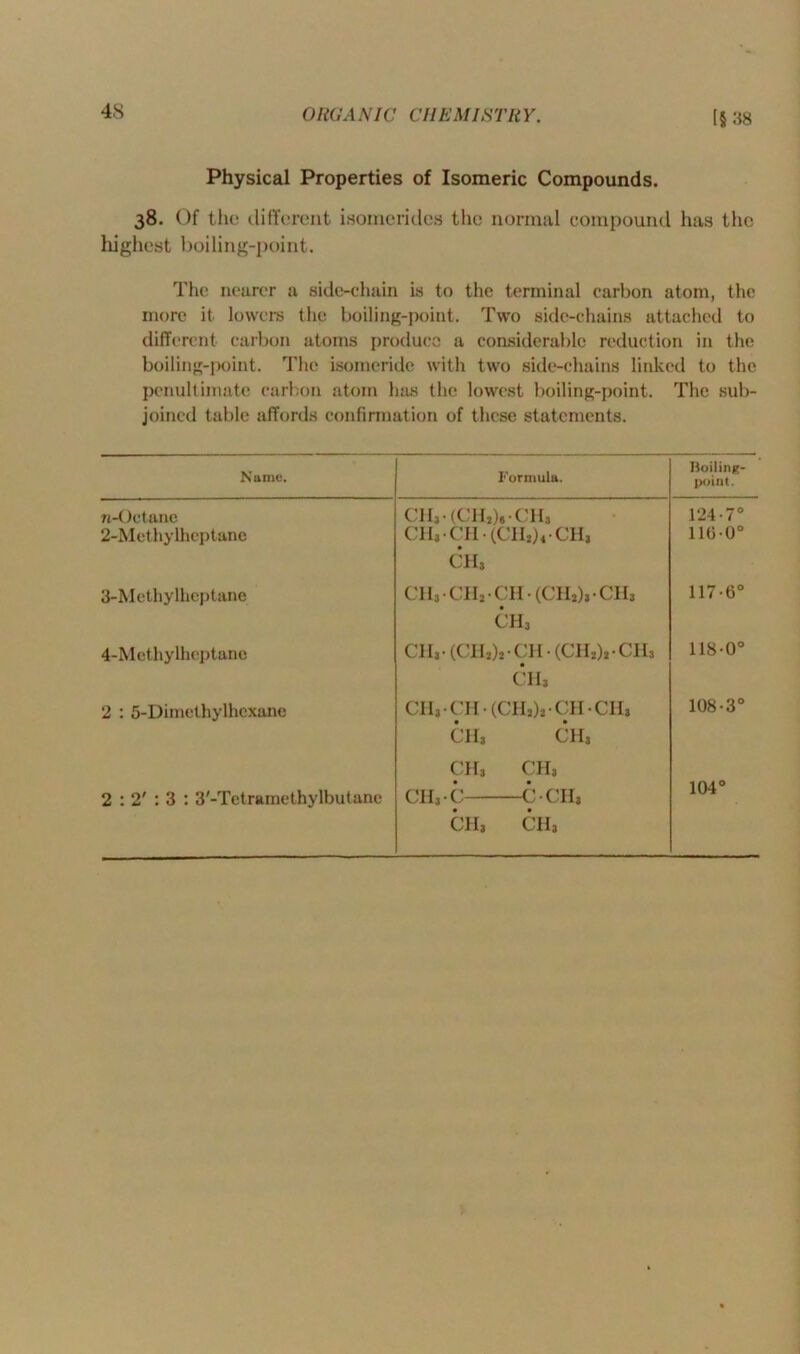 Physical Properties of Isomeric Compounds. 38. Of the different isomerides the normal compound has the highest boiling-point. The nearer a side-chain is to the terminal carbon atom, the more it lowers the boiling-point. Two side-chains attached to different carbon atoms produce a considerable reduction in the boiling-point. The isomeridc with two side-chains linked to the penultimate carbon atom has the lowest boiling-point. The sub- joined table affords confirmation of these statements. Name. Formula. Boiling- point. n-Oetane CH3(CH2),CH, 124-7° 2-Methylheptane CH,CH-(CH2)4CHi CH, 110-0° 3-Methylheptane CH3-CH2CH-(CH2),-CH3 ch, 117-6° 4-Methylheptanc CIIi • (CHj)j • CH ■ (CHj)2 • CHj CII, 118-0° 2 : 5-Dimcthylhcxane CII3CH-(CH2)3CH-CH3 CH, CH, ch3 ch3 108-3° 2 : 2' : 3 : 3'-Tetrumethylbutane CH,C CCH, CH, CH, 104°