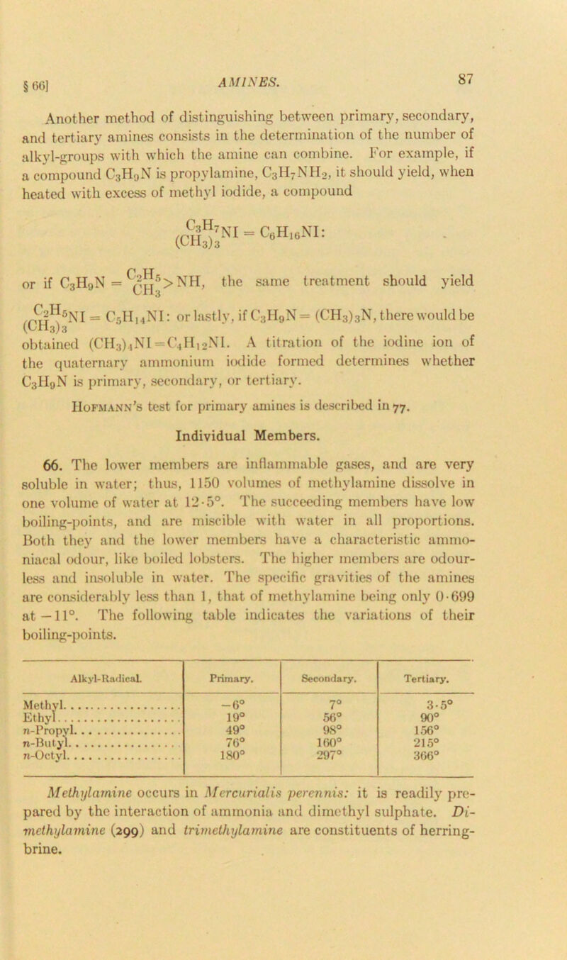 § t>G] Another method of distinguishing between primary, secondary, and tertiary amines consists in the determination of the number of alkyl-groups with which the amine can combine. For example, if a compound C3H9N is propylamine, C3H7NH2, it should yield, when heated with excess of methyl iodide, a compound (Ch1)3NI = CaHieN!: p TT or if c3h9n = CH>NH, the same treatment should yield = C5H14NI: or lastly, if C3H9N = (t’H3)3N, there would be (FrL3)3 obtained (CH3)4NI =C4H12NI. A titration of the iodine ion of the quaternary ammonium iodide formed determines whether C3H9N is primary, secondary, or tertiary. Hofmann’s test for primary amines is described in 77. Individual Members. 66. The lower members are inflammable gases, and are very soluble in water; thus, 1150 volumes of methylamine dissolve in one volume of water at 12-5°. The succeeding members have lowr boiling-points, and are miscible with water in all proportions. Both they and the lower members have a characteristic ammo- niacal odour, like boiled lobsters. The higher members are odour- less and insoluble in water. The specific gravities of the amines are coasiderably less than 1, that of methylamine being only 0-699 at—11°. The following table indicates the variations of their boiling-points. Alkyl- Radical. Primary. Secondary. Tertiary. Methyl -6° 70 3-5° Ethyl 19° 56° 90° n-Propvl 49° 98° 156° n-Butyl 76° 1(30° 215° n-Octyl 180° 297° 366° Methylamine occurs in Mercurialis perennis: it is readily pre- pared by the interaction of ammonia and dimethyl sulphate. Di- victhylamine (299) and trimethylamine are constituents of herring- brine.