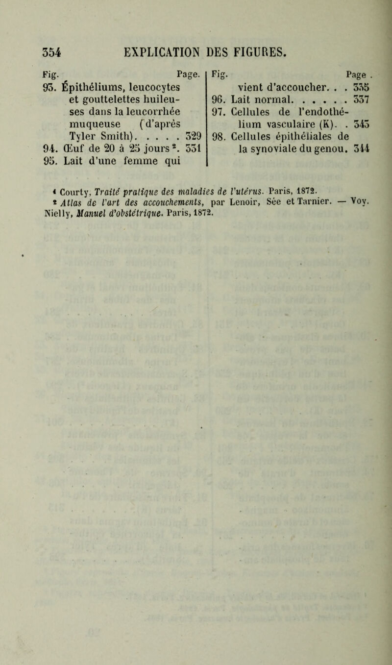 Fig. Page. 93. Épithéliums, leucocytes et gouttelettes huileu- ses dans la leucorrhée muqueuse (d’après Tyler Smith) 529 94. Œuf de 20 à 23 jours2. 531 95. Lait d’une femme qui Fig. Page . vient d’accoucher. . . 335 96. Lait normal 537 97. Cellules de l’endothé- lium vasculaire (K). . 543 98. Cellules épithéliales de la synoviale du genou. 344 < Courty, Traité pratique des maladies de l'utérus. Paris, 1872. * Atlas de l'art des accouchements, par Lenoir, Sée etTarnier. — Voy. Nielly, Manuel d'obstétrique. Paris, 1872.