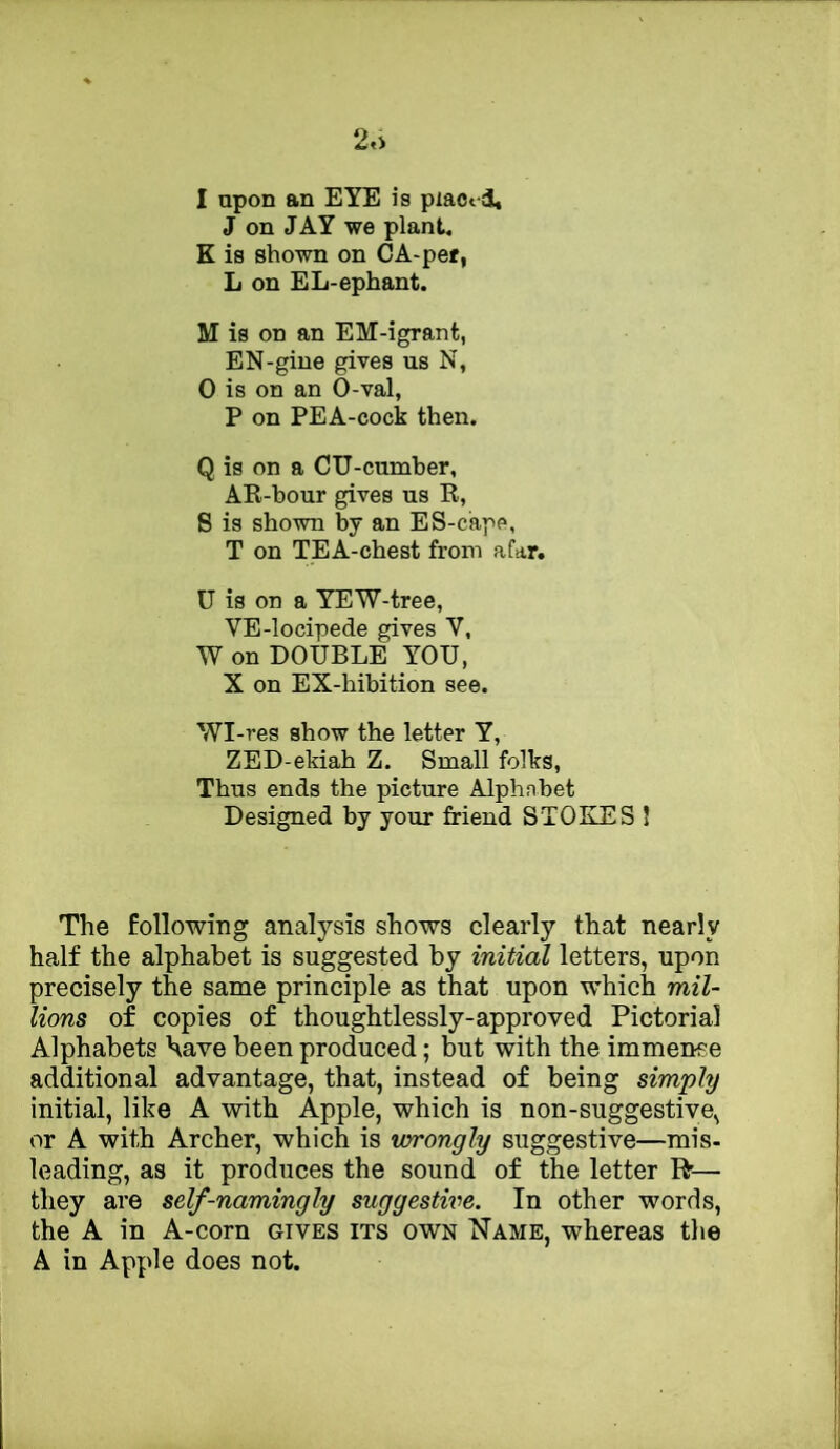 2,> I upon an EYE is piact i J on JAY we plant, K is shown on CA-pet, L on EL-ephant. M is on an EM-igrant, EN-gine gives us N, 0 is on an 0-val, P on PEA-cock then. Q is on a CU-cumher, AK-bour gives us R, S is shown bj an ES-cape, T on TEA-chest from afar. U is on a YEW-tree, VE-locipede gives V, W on DOUBLE YOU, X on EX-hibition see. Wl-res show the letter Y, ZED-eldah Z. Small folks, Thus ends the picture Alphnhet Designed by your friend STOKES I The following analysis shows clearly that nearly half the alphabet is suggested by initial letters, upon precisely the same principle as that upon which mil- lions of copies of thoughtlessly-approved Pictorial Alphabets have been produced; but with the immense additional advantage, that, instead of being simply initial, like A with Apple, which is non-suggestive, or A with Archer, which is wrongly suggestive—mis- leading, as it produces the sound of the letter R— they are self-namingly suggestive. In other words, the A in A-corn gives its own Name, whereas tlie A in Apple does not.