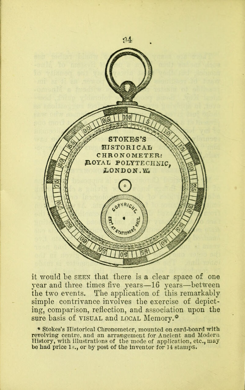 I ( i it would be seen that there is a clear space of one year and three times five years—16 years—between Ihe two events. The application of this remarkably simple contrivance involves the exercise of depict- ing, comparison, reflection, and association upon the sure basis of visual and local Memory.* * Stokes’s Historical Chronometer, mounted on card-board with revolving centre, and an arrangement for Ancient and Modern History, with illustrations of the mode of application, etc., may be had price Is., or by post of the inventor for 14 stamps.