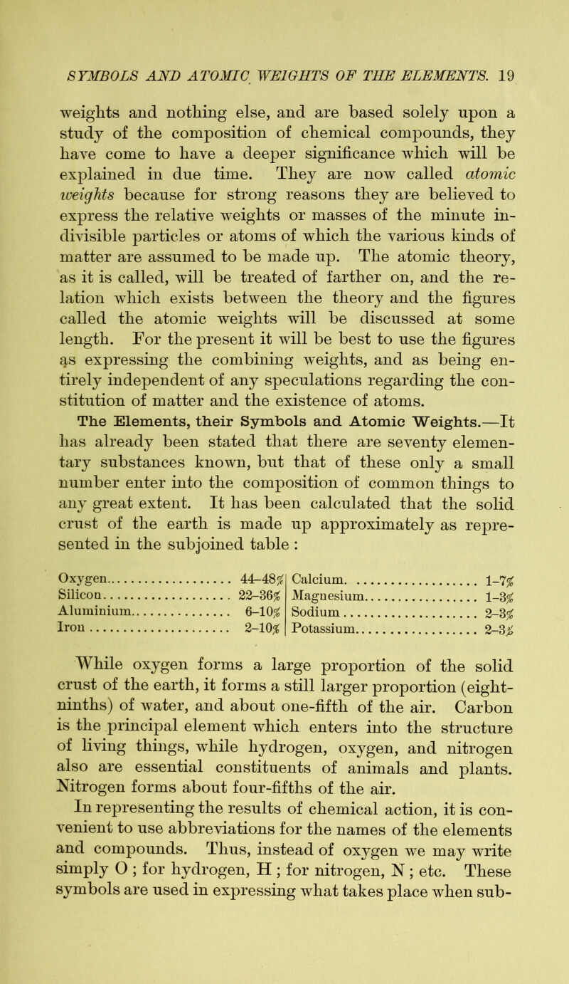 weights and nothing else, and are based solely upon a study of the composition of chemical compounds, they have come to have a deeper significance which will be explained in due time. They are now called atomic iveights because for strong reasons they are believed to express the relative weights or masses of the minute in- divisible particles or atoms of which the various kinds of matter are assumed to be made up. The atomic theory, as it is called, will be treated of farther on, and the re- lation which exists between the theory and the figures called the atomic weights will be discussed at some length. For the present it will be best to use the figures g,s expressing the combining weights, and as being en- tirely independent of any speculations regarding the con- stitution of matter and the existence of atoms. The Elements, their Symbols and Atomic Weights.—It has already been stated that there are seventy elemen- tary substances known, but that of these only a small number enter into the composition of common things to any great extent. It has been calculated that the solid crust of the earth is made up approximately as repre- sented in the subjoined table : Oxygen 44-48# Silicon 22-36# Aluminium 6-10# Iron 2-10# Calcium. 1-7# Magnesium 1-8# Sodium 2-3# Potassium 2-3# While oxygen forms a large proportion of the solid crust of the earth, it forms a still larger proportion (eight- ninths) of water, and about one-fifth of the air. Carbon is the principal element which enters into the structure of living things, while hydrogen, oxygen, and nitrogen also are essential constituents of animals and plants. Nitrogen forms about four-fifths of the air. In representing the results of chemical action, it is con- venient to use abbreviations for the names of the elements and compounds. Thus, instead of oxygen we may write simply O ; for hydrogen, H ; for nitrogen, N; etc. These symbols are used in expressing what takes place when sub-