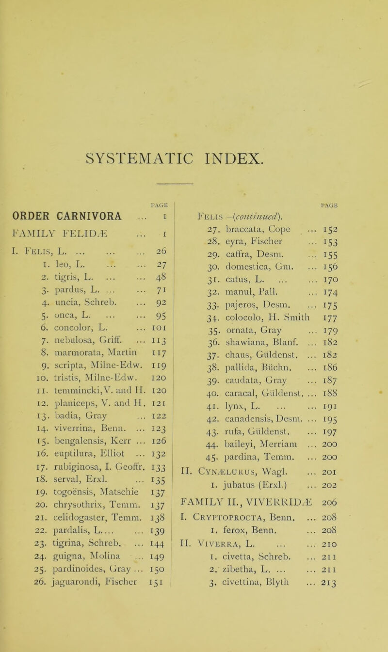 SYSTEMATIC INDEX. PAGE ORDER CARNIVORA ... i FAMILY FELID.E ... i I. Feus, L 26 1. leo, L 27 2. tigris, L. ... ... 48 3. pardus, L. ... ... 71 4. uncia, Schreb. ... 92 5. onca, L 95 6. concolor, L. ... 101 7. nebulosa, Griff. ... 113 8. marmorata, Martin 117 9. scripta, Milne-Edw. 119 10. tristis, Milne-Edw. 120 11. temmincki,V. and II. 120 12. planiceps, V. and II. 121 13. badia, Gray ... 122 14. viverrina, Benn. ... 123 15. bengalensis, Kerr ... 126 16. euptilura, Elliot ... 132 17. rubiginosa, I. Gcoffr. 133 18. serval, Erxl. ... 135 19. togoensis, Matschie 137 20. chrysothrix, Temm. 137 21. celidogaster, Temm. 138 22. pardalis, L.... ... 139 23. tigrina, Schreb. ... 144 24. guigna, Molina ... 149 25. pardinoides, Gray ... 150 26. jaguarondi, Fischer 151 TAGS Felis —{continued). 27. braccata, Cope ... 152 28. eyra, Fischer ... 153 29. caffra, Desm. ... 155 30. domestica, Gm. ... 156 31. catus, L. ... ... 170 32. manul, Pall. ... 174 33. pajeros, Desm. ... 175 34. colocolo, H. Smith 177 35. ornata, Gray ... 179 36. shawiana, Blanf. ... 182 37. chaus, Giildenst. ... 182 38. pallida, Biichn. ... 186 39. caudata, Gray ... 187 40. caracal, Giildenst. ... 188 41. lynx, L. ... ... 191 42. canadensis, Desm. ... 195 43. rufa, Giildenst. ... 197 44. baileyi, Merriam ... 200 45. pardina, Temm. ... 200 II. Cyn/ELURUS, Wagl. ... 201 1. jubatus (Erxl.) ... 202 FAMILY II., VIVERRID.E 206 I. Cryptoprocta, Benn. ... 20S 1. ferox, Benn. ... 208 II. Viverra, L 210 1. civetta, Schreb. ... 211 2. zibetha, L. ... ... 211 3. civettina, Blyth ... 213