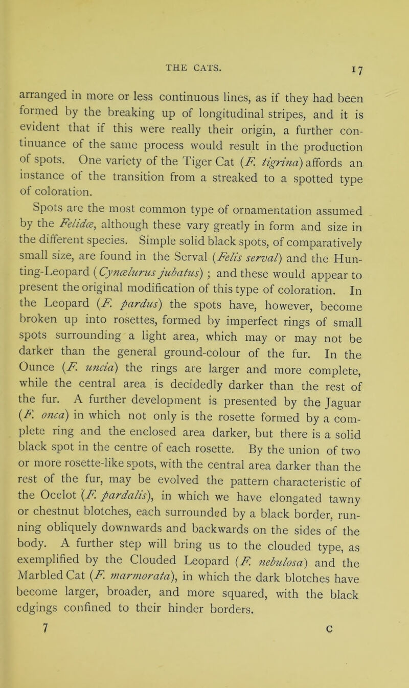 arranged in more or less continuous lines, as if they had been formed by the breaking up of longitudinal stripes, and it is evident that if this were really their origin, a further con- tinuance of the same process would result in the production of spots. One variety of the Tiger Cat (F. tigrina) affords an instance of the transition from a streaked to a spotted type of coloration. Spots are the most common type of ornamentation assumed by the Felidce, although these vary greatly in form and size in the different species. Simple solid black spots, of comparatively small size, are found in the Serval (Felis serval) and the Hun- ting-Leopard (Cynczlurus jubatus); and these would appear to present the original modification of this type of coloration. In the Leopard (F. pardus) the spots have, however, become broken up into rosettes, formed by imperfect rings of small spots surrounding a light area, which may or may not be darker than the general ground-colour of the fur. In the Ounce (F undo) the rings are larger and more complete, while the central area is decidedly darker than the rest of the fur. A further development is presented by the Jaguar (F oncd) in which not only is the rosette formed by a com- plete ring and the enclosed area darker, but there is a solid black spot in the centre of each rosette. By the union of two or more rosette-like spots, with the central area darker than the rest of the fur, may be evolved the pattern characteristic of the Ocelot \F. pardalis), in which we have elongated tawny or chestnut blotches, each surrounded by a black border, run- ning obliquely downwards and backwards on the sides of the body. A further step will bring us to the clouded type, as exemplified by the Clouded Leopard (F nebulosa) and the Marbled Cat (F marmorata), in which the dark blotches have become larger, broader, and more squared, with the black edgings confined to their hinder borders. 7 c