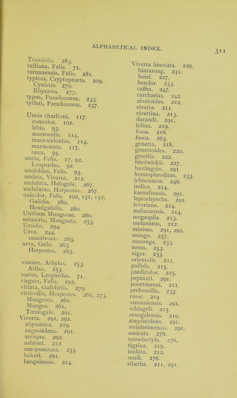 Trueifelis. 283. tulliana, Felis. 71. turnauensis, Felis. 2S1. typicus, Cryptoprocta. 209. Cynictis. 270. Rhyzsena. 277. typus, Paradoxurus. 233. tytleri, Paradoxurus. 237. Uncia charltoni. 117. concolor. 102. irbis. 93. macrocelis. 114. macroceloides. 114. marmorata. 117. onca. 95. uncia, P'elis. 17, 92. Leopardus. 92. uncioides, Felis. 93. undata, Viverra. 212. undulata, P[elogaIe. 267. undulatus, Herpestes. 267. unicolor, Felis. 102, ici, 1C2 Galidia. 280. Hemigalidia. 280. Uniform Mungoose. 280. urinatrix, Mangusta. 253. Ursidae. 294. U rva. 244. cancrivora. 263. '■•rva, Gulo. 263. Herpestes. 263. vansire, Athylax. 2 r Atilax. 253. varius, Leopardus. 71. virgata, Felis. 192. vittala, Galidictis. 279. vitticollis, Herpestes. 261,27}. Mangusta. 261. Mungos. 261. Tmniogale. 261. Viverra. 291, 292. abyssinica. 219. angustidens. 291. antiqua. 292. ashtoni. 222. auropunctata. 255 bakeri. 291. bengalensis. 214. 311 Viverra binotata. 229. binturong. 241. boiei. 227. bondar. 233. caffra. 247. carcharias. 242. civetoides. 212. civetta. 211. civettina. 213. durandi. 291. felina. 219. fossa. 216. fusca. 263. genetta. 218. genettoides. 220. gracilis. 222. hardwickii. 227. hastingsire. 291. hermaphroditus. 233. ichneumon. 246. indica. 214. karnuliensis. 291. leptorhyncha. 291. leveriana. 214. malaccensis. 214. megaspila. 213. melanurus. 212. minima. 291, 292. mungo. 257. musanga. 222 nems. 253. niger. 233. orientalis. 211. pallida. 215. pardicolor. 225, pepraxti. 291. poortmanni. 211. prehensilis. 2^. rasse. 214 sansaniensis. 291. schlegeli. 215. senegalensis. 219. simplicidens. 291. steinheimensis. 291. suricata. 276. tetradactyla. 276. tigrina. 219. undata. 212. zenik. 276 zibetha. 211, 291.