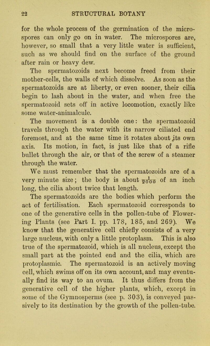 for the whole process of the germination of the micro- spores can only go on in water. The microspores are, however, so small that a very little water is sufficient, such as we should find on the surface of the ground after rain or heavy dew. The spermatozoids next become freed from their mother-cells, the walls of which dissolve. As soon as the spermatozoids are at liberty, or even sooner, their cilia begin to lash about in the water, and when free the spermatozoid sets off in active locomotion, exactly like some water-animalcule. The movement is a double one: the spermatozoid travels through the water with its narrow ciliated end foremost, and at the same time it rotates about its own axis. Its motion, in fact, is just like that of a rifle bullet through the air, or that of the screw of a steamer through the water. We must remember that the spermatozoids are of a very minute size; the body is about of an inch long, the cilia about twice that length. The spermatozoids are the bodies which perform the act of fertilisation. Each spermatozoid corresponds to one of the generative cells in the pollen-tube of Flower- ing Plants (see Part I. pp. 178, 185, and 269). We know that the generative cell chiefly consists of a very large nucleus, with only a little protoplasm. This is also true of the spermatozoid, which is all nucleus, except the small part at the pointed end and the cilia, which are protoplasmic. The spermatozoid is an actively moving cell, which swims off on its own account, and may eventu- ally find its way to an ovum. It thus differs from the generative cell of the higher plants, which, except in some of the Gymnosperms (see p. 303), is conveyed pas- sively to its destination by the growth of the pollen-tube.
