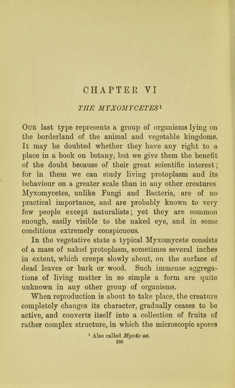 CHAPTEE VI THE MYXOMYCETES1 Our last type represents a group of organisms lying on the borderland of the animal and vegetable kingdoms. It may be doubted whether they have any right to a place in a book on botany, but we give them the benefit of the doubt because of their great scientific interest; for in them we can study living protoplasm and its behaviour on a greater scale than in any other creatures Myxomycetes, unlike Fungi and Bacteria, are of no practical importance, and are probably known to very few people except naturalists; yet they are common enough, easily visible to the naked eye, and in some conditions extremely conspicuous. In the vegetative state a typical Myxomycete consists of a mass of naked protoplasm, sometimes several inches in extent, which creeps slowly about, on the surface of dead leaves or bark or wood. Such immense aggrega- tions of living matter in so simple a form are quite unknown in any other group of organisms. When reproduction is about to take place, the creature completely changes its character, gradually ceases to be active, and converts itself into a collection of fruits of rather complex structure, in which the microscopic spores Also called Myceto oa. ]