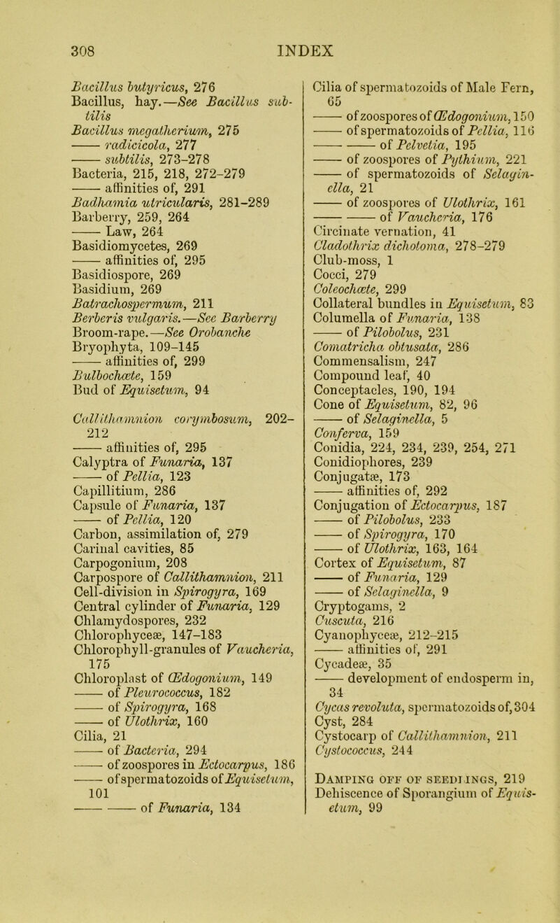 Bacillus butyricus, 276 Bacillus, hay.—See Bacillus sub- lilis Bacillus megatherium, 275 radicicola, 277 subtilis, 273-278 Bacteria, 215, 218, 272-279 affinities of, 291 Badhamia utricularis, 281-289 Barberry, 259, 264 Law, 264 Basidiomycetes, 269 affinities of, 295 Basidiospore, 269 Basidium, 269 Batracliospcrmum, 211 Berberis vulgaris. —See Barberry Broom-rape.—See Orobanche Bryophyta, 109-145 affinities of, 299 Bulbochcete, 159 Bud of Equisetum, 94 Callithamnion conymbosum, 202- 212 affinities of, 295 Calyptra of Funaria, 137 of Pellia, 123 Capillitium, 286 Capsule of Funaria, 137 of Pellia, 120 Carbon, assimilation of, 279 Carinal cavities, 85 Carpogonium, 208 Carpospore of Callithamnion, 211 Cell-division in Spirogyra, 169 Central cylinder of Funaria, 129 Chlamydospores, 232 Chlorophyceae, 147-183 Chlorophyll-granules of Vaucheria, 175 Chloroplnst of (Fdogonium, 149 of Pleurococcus, 182 of Spirogyra, 168 of Ulotlirix, 160 Cilia, 21 of Bacteria, 294 of zoospores in Ectocarpus, 186 ofspermatozoids o[ Equisetum, 101 of Funaria, 134 Cilia of spermatozoids of Male Fern, 65 of zoospores of (Fdogonium, 150 ofspermatozoids of Pellia, 116 of Pclvelia, 195 of zoospores of Pythium, 221 of spermatozoids of Selagin- clla, 21 of zoospores of Ulotlirix, 161 of Vaucheria, 176 Circinate vernation, 41 Cladothrix dichotoma, 278-279 Club-moss, 1 Cocci, 279 Coleochccte, 299 Collateral bundles in Equisetum, 83 Columella of Funaria, 138 of Pilobolus, 231 Comatricha obtusata, 286 Commensalism, 247 Compound leaf, 40 Conceptacles, 190, 194 Cone of Equisetum, 82, 96 of Selaginclla, 5 Conferva, 159 Conidia, 224, 234, 239, 254, 271 Conidiopliores, 239 Conjugate, 173 affinities of, 292 Conjugation of Ectocarpus, 187 of Pilobolus, 233 of Spirogyra, 170 of Ulotlirix, 163, 164 Cortex of Equisetum, 87 of Funaria, 129 of Selaginclla, 9 Cryptogams, 2 Cuscuta, 216 Cyanopliyceaj, 212-215 affinities of, 291 Cycadese, 35 development of endosperm in, 34 Cycas revoluta, spermatozoids of, 304 Cyst, 284 Cystocarp of Callithamnion, 211 Cystococcus, 244 Damping off of seedj ings, 219 Dehiscence of Sporangium of Equis- etum, 99