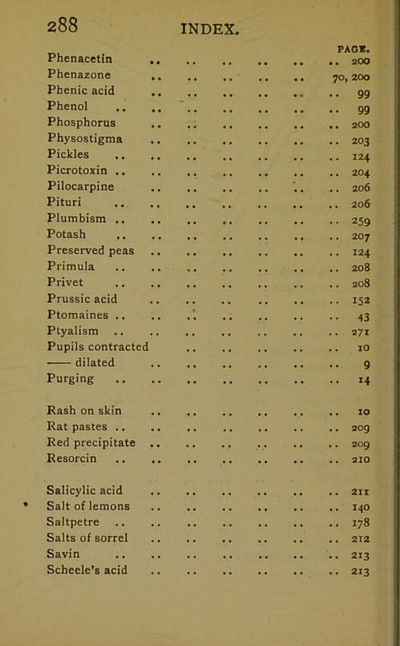 PAG*. Phenacetin ,, ,, ,, ,, 200 Phcnazonc .. ,, ,, ,, ,, yO| 200 Phenic acid gg Phenol ,. .. ' gg Phosphorus 200 Physostigma 203 Pickles 124 Picrotoxin 204 Pilocarpine . .. 206 Pituri 206 Plumbisra 259 Potash 207 Preserved peas 124 Primula 208 Privet 208 Prussic acid 152 Ptomaines *. 43 Ptyalism 271 Pupils contracted 10 dilated 9 Purging 14 Rash on skin 10 Rat pastes .. .. .. ., .. .. ,, 209 Red precipitate 209 Resorcin 210 Salicylic acid 211 Salt of lemons 140 Saltpetre 178 Salts of sorrel 212 Savin 213 Scheele's acid 213