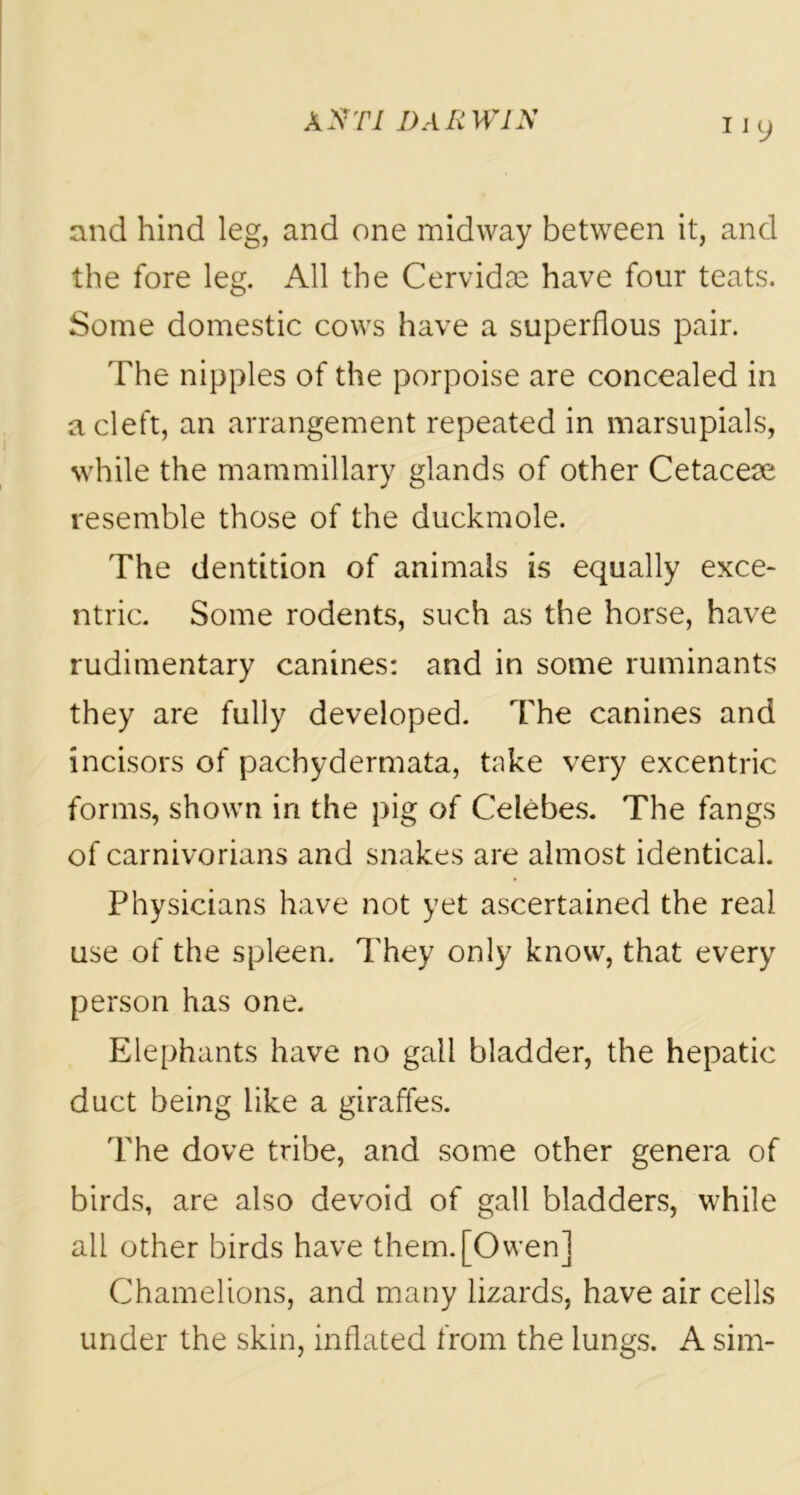 Ily and hind leg, and one midway between it, and the fore leg. All the Cervidse have four teats. Some domestic cows have a superflous pair. The nipples of the porpoise are concealed in a cleft, an arrangement repeated in marsupials, while the mammillary glands of other Cetaceae resemble those of the duckmole. The dentition of animals is equally exce- ntric. Some rodents, such as the horse, have rudimentary canines: and in some ruminants they are fully developed. The canines and incisors of pachydermata, take very excentric forms, shown in the pig of Celebes. The fangs of carnivorians and snakes are almost identical. Physicians have not yet ascertained the real use of the spleen. They only know, that every person has one. Elephants have no gall bladder, the hepatic duct being like a giraffes. The dove tribe, and some other genera of birds, are also devoid of gall bladders, while all other birds have them.[Owen] Chamelions, and many lizards, have air cells under the skin, inflated from the lungs. A sim-