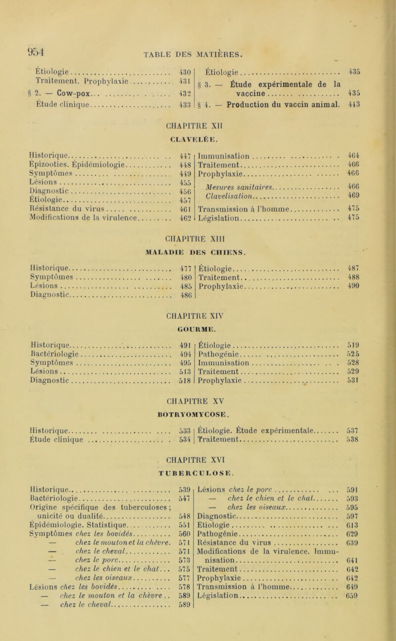 Étiologie 430 Étiologie 435 Traitement. Prophvlaxie 431 § 3. — Étude expérimentale de la § 2. — Cow-pox 432 vaccine 435 Étude clinique § 4. — Production du vaccin animal. 443 CHAPITRE XII CLAVELÉE. Historique Immunisation 464 Épizooties. Épidémiologie 448 Traitement 466 Symptômes 449 Prophylaxie 466 Lésions Diagnostic 456 Mesures sanitaires 466 Étiologie Clavelisation 469 Résistance du virus 461 Transmission à l’homme 475 Modifications de la virulence.... 462 Législation 475 CHAPITRE XIII MALADIE DES CHIENS. Historique 477 Symptômes 480 Lésions 485 Diagnostic 486 Étiologie 487 Traitement 488 Prophylaxie 490 Historique... Bactériologie Symptômes . Lésions Diagnostic.. Historique Étude clinique CHAPITRE XIV GOURME. 491 494 495 513 518 Étiologie Pathogénic... Immunisation Traitement... Prophylaxie .. CHAPITRE XV BOTRYOMYCOSE. 533 Étiologie. Étude expérimentale .. . 534 Traitement 519 525 528 529 531 537 538 CHAPITRE XVI TUBERCULOSE. Historique 539 Bactériologie 547 Origine spécifique des tuberculoses ; unicité ou dualité 548 Épidémiologie. Statistique. .. 551 Symptômes chez les bovidés 560 — chez le mouton et la chèvre. 571 — , chez le cheval 571 — chez le porc 573 — chez le chien et le chat... 575 — chez les oiseaux 577 Lésions chez les bovidés 578 — chez le mouton et la chèvre .. 589 — chez le cheval 589 Lésions chez le porc 591 — chez le chien et le chat 593 — chez les oiseaux 595 Diagnostic 597 Étiologie 613 Pathogénie 629 Résistance du virus 639 Modifications de la virulence. Immu- nisation 641 Traitement 642 Prophylaxie 642 Transmission à l’homme 649 Législation 659