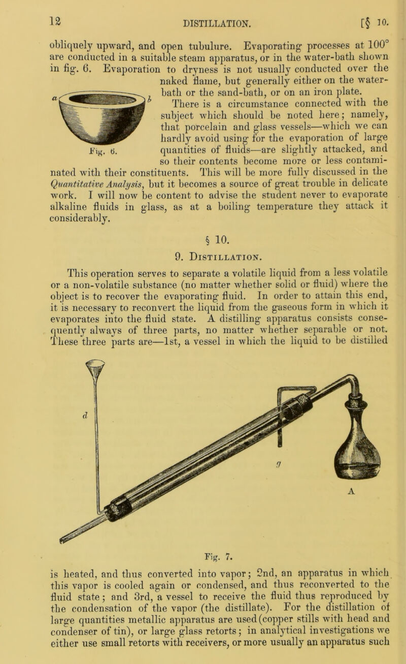 DISTILLATION. d( obliquely upward, and open tubulure. Evaporating processes at 100° are conducted in a suitable steam apparatus, or in the water-bath shown in flg. 6. Evaporation to dryness is not usually conducted over the naked ’tiame, but generally either on the water- bath or the sand-bath, or on an iron plate. There is a circumstance connected with the subject whicli should be noted here; namely, that porcelain and glass vessels—whicli we can hardly avoid using for the evaporation of large quantities of fluids—are slightly attacked, and so their contents become more or less contami- nated with their constituents. This will be more fully discussed in the Quantitative Analysis, but it becomes a source of great trouble in delicate work. I will now be content to advise the Student never to evaporate alkaline fluids in glass, as at a boiling temperature they attack it considerably. § 10. 9. Distillation. This Operation serves to separate a volatile liquid from a less volatile or a non-volatile substance (no matter whether solid or fluid) where the object is to recover the evaporating fluid. In Order to attain this end, it is necessary to reconvert the liquid from the gaseous form in whicli it evaporates into the fluid state. A distilling apparatus consists conse- quently always of tliree parts, no matter whether separable or not. These three parts are—Ist, a vessel in whicli the liquid to be distilled Fig. 7. is lieated, and tlius converted into vapor; 9nd, an apparatus in whicli this vapor is cooled again or Condensed, and tlius reconverted to the fluid state; and 3rd, a vessel to receive the fluid tlius reproduced by the condensation of the vapor (the dist.illate). For the distillation of larffe quantities metallic apparatus are used(copper stills with head and condenser of tin), or large glass retorts; in analytical investigations we either use small retorts with receivers, or more usually an apparatus such