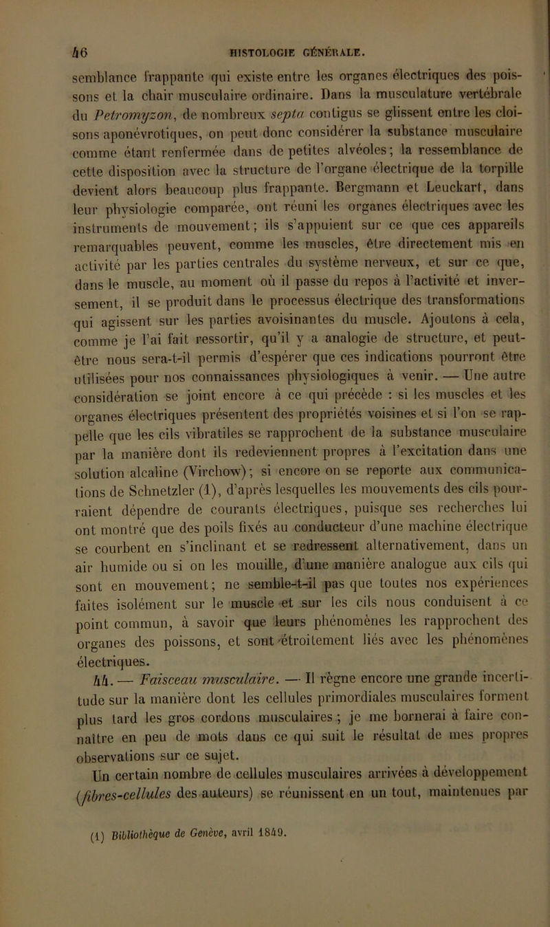 semblance l'rappante qui existe entre les Organes electriques des pois- sons et la chair rausculaire ordinaire. Dans la musculature vertebrale du Peiromyzon, de nombreux septa contigus se glissent entre les cloi- sons aponevrotiques, on peut donc considerer la substance musculaire conime etant renfermee dans de petites alveoles; la ressemblance de cette disposition avec la structure de l’organe electrique de la torpille devient alors beaucoup plus frappante. Bergmann et Leuckart, dans leur Physiologie comparee, ont reuni les Organes electriques avec les Instruments de mouvement; ils s’appuient sur ce que ces appareils remarquables peuvent, comme les muscles, 6tre directement mis eri activite par les parties centrales du Systeme nerveux, et sur ce que, dans le muscle, au moment oü il passe du repos ä l’activite et inver- sement, il se produit dans le processus electrique des transformations qui agissent sur les parties avoisinantes du muscle. Ajoulons a cela, comme je l’ai fait ressortir, qu’il y a analogie de structure, et peut- etre nous sera-t-il permis d’esperer que ces indications pourront ötre ulilisees pour nos connaissances physiologiques ä venir. — Une autre consideration se joint encore ä ce qui precede ; si les muscles et les Organes electriques presentent des proprietes voisines et si Ton se rap- pelle que les cils vibratiles se rapprochent de la substance musculaire par la maniere dont ils redeviennent propres ä l’excitation dans une solution alcaline (Virchow); si encore on se reporte a,ux Communica- tions de Schnetzler (1), d’apres lesquelles les mouvements des cils pour- raient dependre de courants electriques, puisque ses rechercbes lui ont montre que des poils fixes au conducteur d’une rnachine electrique se courbent en s’inclinant et se redressent alternativement, dans un air bumide ou si on les mouille, d’une maniere analogue aux cils qui sont en mouvement; ne semble-t-il pas que toutes nos experiences faites isolement sur le muscle et sur les cils nous conduisent ce point commun, a savoir que leurs phenomenes les rapproebent des Organes des poissons, et sont'etroitement lies avec les phenomenes electriques. hh. — Faisceau musculaire. — Il r^gne encore une grande incerli- tude sur la maniere dont les cellules primordiales musculaires formenl plus tard les gros cordons musculaires ; je me bornerai a laire con- naitre en peu de mots dans ce qui suit le resultat de mes propres observations sur ce sujet. Un certain nombre de cellules musculaires arrivees a developpement {^fibrcs-cellules des auleurs) se reunissent en un tout, maintenues par