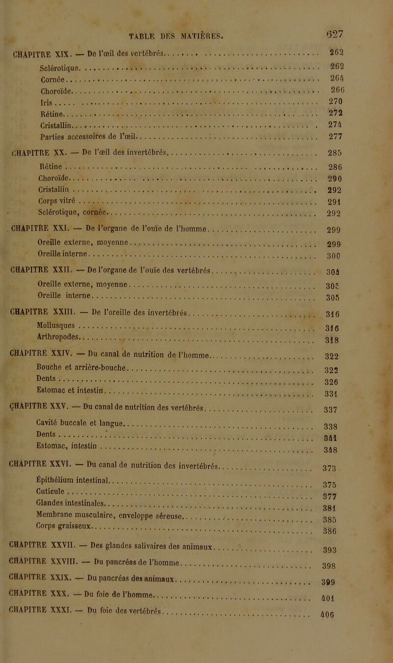 CHAPITRE XIX. — De l’oeil des vert6bres Sclerotique Corn6e Choroide Iris R6tine Cristallin Parties accessoires de Toeil . CHAPITRE XX. — De l’oeil des invert6br6s Retine Choroide Cristallin Corps ■N'itrö ScI6rotique, cornöe CHAPITRE XXI. — De l’organe de Touie de riiomme, . , Oreille externe, moyenne Oreille interne CHAPITRE XXII. — Del’organe de l’ouie des vertebrös. , Oreille externe, moyenne Oreille interne CHAPITRE XXIIl. — De l’oreille des invertebres Mollusques Arthropodes CHAPITRE XXIV. — Du canal de nutrition de Thomme.,. Bouche et arriere-bouche Dents Estomac et intestin (JHAPITRE XXV. — Du canal de nutrition des vertöbrös, ,. Cavite buccale et langue Dents .* Estomac, intestin CHAPITRE XXVI. — Du canal de nutrition des invertebres Epithelium intestinal Cuticule Glandes intestinales Membrane musculaire, enveloppe söreuse Corps graisseux CHAPITRE XXVII. — Des glandes salivaires des animaux., CHAPITRE XXVIll. — Du pancröasde l’homme CHAPITRE XXIX. — Du pancröas des animaux CHAPITRE XXX. — Du foie de l’homme CHAPITRE XXXI. — Du foie desvert4br4s »327 262 262 264 266 270 272 274 277 285 286 290 292 291 292 299 299 300 304 305 305 316 316 318 322 322 326 331 337 338 341 348 373 375 377 381 385 386 393 398 309 401 406