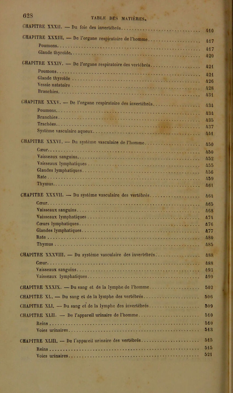 410 CHAPITRE XXXII, — Du foie des invertöbrds ,, CHAPITRE XXXIII. — De I’organe respiratoire derhomme.. Poumons Glande Ihyroi'de CHAPITRE XXXIV. — De l’organe respiratoire des vert6br6s. Poumons Glande thyroi'de Vessie natatoire Branchies CHAPITRE XXXV. — De Torgane respiratoire des invert6bres Poumons Branchies Trachöes Systeme vasculaire aqueux CHAPITRE XXXVI, — Du Systeme vasculaire de Thomme. Coeur Vaisseaux sanguins Vaisseaux lymphatiques Glandes lymphatiques Rate Thymus 417 417 420 421 421 426 428 431 434 434 435 437 441 450 450 452 455 456 459 461 CHAPITRE XXXVII. —- Du systöme vasculaire des vertebres A64 Coeur 465 Vaisseaux sanguins 468 Vaisseaux lymphatiques 474 Coeurs lymphatiques 476 Glandes lymphatiques 477 Rate 480 Thymus 485 CHAPITRE XXXVIII. — Du Systeme vasculaire des invertöbrös 488 Coeur 488 Vaisseaux sanguins 493 Vaisseaux lymphatiques 499 CHAPITRE XXXIX. — Du sang et de la lymphe de l’homme 502 CHAPITRE XL. — Du sang et de la lymphe des vertebrds 506 CHAPITRE XLI. — Du sang et de la lymphe des invert4bres 509 CHAPITRE XLII. — De l’appareil urinaire de Thomme 510 Reins 510 Voies urinaires 513 CHAPITRE XLIIl. — De l’appareil urinaire des vert6br6s 515 Reins Voies urinaires ^21