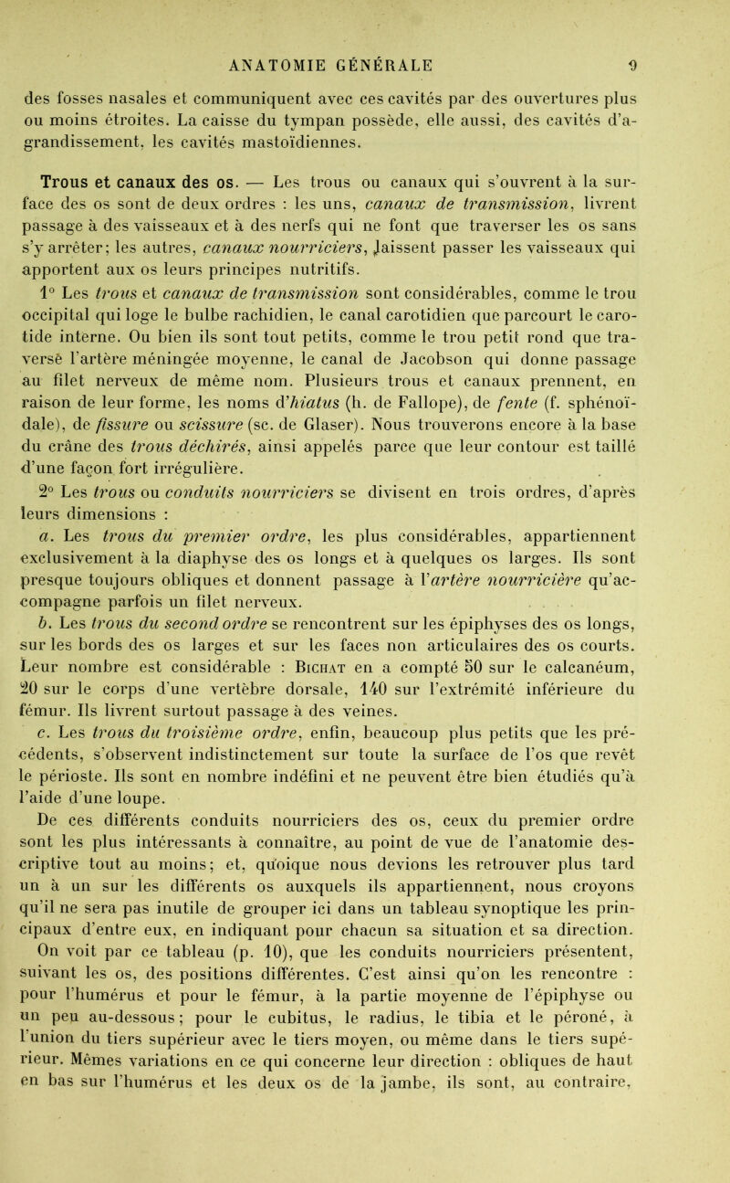 des fosses nasales et communiquent avec ces cavités par des ouvertures plus ou moins étroites. La caisse du tympan possède, elle aussi, des cavités d’a- grandissement, les cavités mastoïdiennes. Trous et canaux des os. — Les trous ou canaux qui s’ouvrent à la sur- face des os sont de deux ordres ; les uns, canaux de transmission^ livrent passage à des vaisseaux et à des nerfs qui ne font que traverser les os sans s’y arrêter; les autres, canaux nourriciers^ Jaissent passer les vaisseaux qui apportent aux os leurs principes nutritifs. 1° Les trous et canaux de transmission sont considérables, comme le trou occipital qui loge le bulbe rachidien, le canal carotidien que parcourt le caro- tide interne. Ou bien ils sont tout petits, comme le trou petit rond que tra- versé l’artère méningée moyenne, le canal de Jacobson qui donne passage au filet nerveux de même nom. Plusieurs trous et canaux prennent, en raison de leur forme, les noms d’hiatus (h. de Fallope), de fente (f. sphénoï- dale), de fissure ou scissure (sc. de Glaser). Nous trouverons encore à la base du crâne des trous déchirés, ainsi appelés parce que leur contour est taillé d’une façon fort irrégulière. Les trous ou conduits nourriciers se divisent en trois ordres, d’après leurs dimensions : a. Les trous du premier ordre, les plus considérables, appartiennent exclusivement à la diaphyse des os longs et à quelques os larges. Ils sont presque toujours obliques et donnent passage à Vartère nourricière qu’ac- compagne parfois un filet nerveux. h. Les trous du second ordre se rencontrent sur les épiphyses des os longs, sur les bords des os larges et sur les faces non articulaires des os courts. Leur nombre est considérable ; Bichat en a compté 50 sur le calcanéum, !20 sur le corps d’une vertèbre dorsale, 140 sur l’extrémité inférieure du fémur. Ils livrent surtout passage à des veines. c. Les trous du troisième ordre, enfin, beaucoup plus petits que les pré- cédents, s’observent indistinctement sur toute la surface de l’os que revêt le périoste. Ils sont en nombre indéfini et ne peuvent être bien étudiés qu’à l’aide d’une loupe. De ces différents conduits nourriciers des os, ceux du premier ordre sont les plus intéressants à connaître, au point de vue de l’anatomie des- criptive tout au moins; et, quoique nous devions les retrouver plus tard un à un sur les différents os auxquels ils appartiennent, nous croyons qu’il ne sera pas inutile de grouper ici dans un tableau synoptique les prin- cipaux d’entre eux, en indiquant pour chacun sa situation et sa direction. On voit par ce tableau (p. 10), que les conduits nourriciers présentent, suivant les os, des positions différentes. C’est ainsi qu’on les rencontre : pour l’humérus et pour le fémur, à la partie moyenne de l’épiphyse ou nn peu au-dessous; pour le cubitus, le radius, le tibia et le péroné, à 1 union du tiers supérieur avec le tiers moyen, ou même dans le tiers supé- rieur. Mêmes variations en ce qui concerne leur direction : obliques de haut en bas sur l’humérus et les deux os de la jambe, ils sont, au contraire.