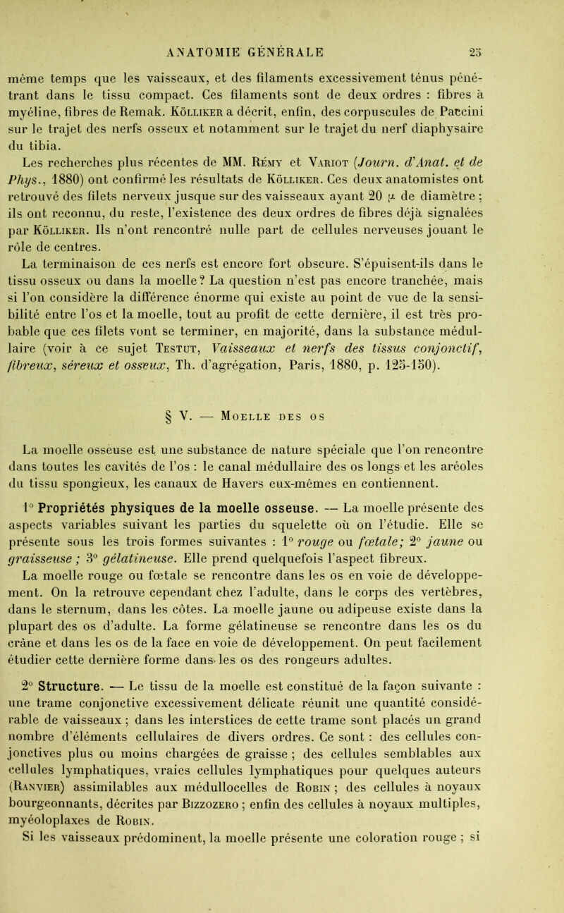 même temps que les vaisseaux, et des filaments excessivement ténus péné- trant dans le tissu compact. Ces filaments sont de deux ordres : fibres à myéline, fibres de Remak. Kôlliker a décrit, enfin, des corpuscules de Paccini sur le trajet des nerfs osseux et notamment sur le trajet du nerf diaphysaire du tibia. Les recherches plus récentes de MM. Rémy et Variot [Journ. d'Anat. et de Phys.^ 1880) ont confirmé les résultats de Kôlliker. Ces deux anatomistes ont retrouvé des filets nerveux jusque sur des vaisseaux ayant 20 de diamètre : ils ont reconnu, du reste, l’existence des deux ordres de fibres déjà signalées par Kôlliker. Ils n’ont rencontré nulle part de cellules nerveuses jouant le rôle de centres. La terminaison de ces nerfs est encore fort obscure. S’épuisent-ils dans le tissu osseux ou dans la moelle? La question n’est pas encore tranchée, mais si l’on considère la différence énorme qui existe au point de vue de la sensi- bilité entre l’os et la moelle, tout au profit de cette dernière, il est très pro- bable que ces filets vont se terminer, en majorité, dans la substance médul- laire (voir à ce sujet Testut, Vaisseaux et nerfs des tissus conjonctif, fibreux, séreux et osseux, Th. d’agrégation, Paris, 1880, p. 12o-150). § V. — Moelle des os La moelle osseuse est, une substance de nature spéciale que l’on rencontre dans toutes les cavités de l’os : le canal médullaire des os longs et les aréoles du tissu spongieux, les canaux de Havers eux-mêmes en contiennent. l Propriétés physiques de la moelle osseuse. — La moelle présente des aspects variables suivant les parties du squelette où on l’étudie. Elle se présente sous les trois formes suivantes : V rouge ou fœtale; 2° jaune ou graisseuse ; 3*^ gélatineuse. Elle prend quelquefois l’aspect fibreux. La moelle rouge ou fœtale se rencontre dans les os en voie de développe- ment. On la retrouve cependant chez l’adulte, dans le corps des vertèbres, dans le sternum, dans les côtes. La moelle jaune ou adipeuse existe dans la plupart des os d’adulte. La forme gélatineuse se rencontre dans les os du crâne et dans les os de la face en voie de développement. On peut facilement étudier cette dernière forme dans-les os des rongeurs adultes. 2® Structure. — Le tissu de la moelle est constitué de la façon suivante : une trame conjonctive excessivement délicate réunit une quantité considé- rable de vaisseaux ; dans les interstices de cette trame sont placés un grand nombre d’éléments cellulaires de divers ordres. Ce sont ; des cellules con- jonctives plus ou moins chargées de graisse ; des cellules semblables aux cellules lymphatiques, vraies cellules lymphatiques pour quelques auteurs (Ranvier) assimilables aux médullocelles de Robkn ; des cellules à noyaux bourgeonnants, décrites par Bizzozero ; enfin des cellules à noyaux multiples, myéoloplaxes de Robin. Si les vaisseaux prédominent, la moelle présente une coloration rouge ; si