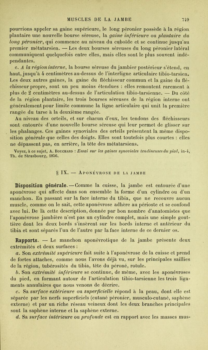 poumons appeler sa gaine supérieure, le long péronier possède à la région plantaire une nouvelle bourse séreuse, la gaine inférieure ou plantaire du long péronier^ qui commence au niveau du cuboïde et se continue jusqu’au premier métatarsien. — Les deux bourses séreuses du long péronier latéral communiquent quelquefois entre elles, mais elles sont le plus souvent indé- pendantes. c. A la région interne^ la bourse séreuse du jambier postérieur s’étend, en haut, jusqu’à 4 centimètres au-dessus de l’interligne articulaire tibio-tarsien. Les deux autres gaines, la gaine du fléchisseur commun et la gaine du flé- chisseur propre, sont un peu moins étendues : elles remontent rarement à plus de 2 centimètres au-dessus de l’articulation tibio-tarsienne. — Du côté de la région plantaire, les trois bourses séreuses de la région interne ont généralement pour limite commune la ligne articulaire qui unit la première rangée du tarse à la deuxième rangée. Au niveau des orteils, et sur chacun d’eux, les tendons des fléchisseurs sont entourés d’une nouvelle bourse séreuse qui leur permet de glisser sur les phalanges. Ces gaines synoviales des orteils présentent la même dispo- sition générale que celles des doigts. Elles sont toutefois plus courtes : elles ne dépassent pas, en arrière, la tête des métatarsiens. Voyez, à ce sujet, A. Bouchard : Essai sur les gaines synoviales tendineuses du pied, in-4, Th. de Strasbourg, 1856. § IX. — Aponévrose de la jambe Disposition générale. — Comme la cuisse, la jambe est entourée d’une aponévrose qui affecte dans son ensemble la forme d’un cylindre ou d’un manchon. En passant sur la face interne du tibia, que ne recouvre aucun muscle, comme on le sait, cette aponévrose adhère au périoste et se confond avec lui. De là cette description, donnée par bon nombre d’anatomistes que l’aponévrose jambière n’est pas un cylindre complet, mais une simple gout- tière dont les deux bords s’insèrent sur les bords interne et antérieur du tibia et sont séparés l’un de l’autre par la face interne de ce dernier os. Rapports. — Le manchon aponévrotique de la jambe présente deux extrémités et deux surfaces : a. Son extrémité supérieure fait suite à l’aponévrose de la cuisse et prend de fortes attaches, comme nous l’avons déjà vu, sur les principales saillies de la région, tubérosités du tibia, tête du péroné, rotule. b. Son extrémité inférieure se continue, de même, avec les aponévroses du pied, en formant autour de l’articulation tibio-tarsienne les trois liga- ments annulaires que nous venons de décrire. c. Sa surface extérieure ou superficielle répond à la peau, dont elle est séparée par les nerfs superficiels (cutané péronier, musculo-cutané, saphène externe) et par un riche réseau veineux dont les deux branches principales sont la saphène interne et la saphène externe. d. Sa surface intérieure om profonde est en rapport avec les masses mus-