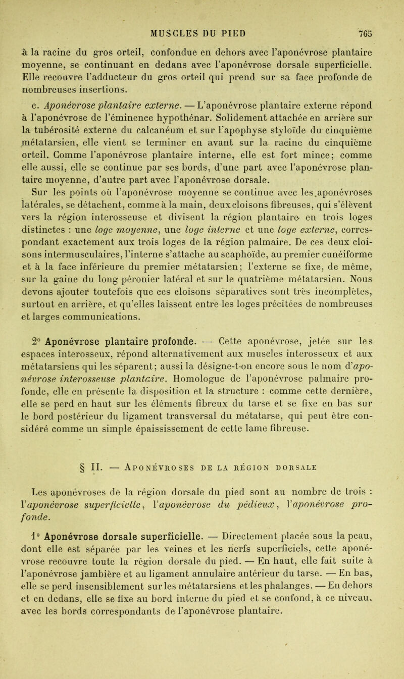 à la racine du gros orteil, confondue en dehors avec l’aponévrose plantaire moyenne, se continuant en dedans avec l’aponévrose dorsale superficielle. Elle recouvre l’adducteur du gros orteil qui prend sur sa face profonde de nombreuses insertions. c. Aponévrose plantaire externe. — L’aponévrose plantaire externe répond à l’aponévrose de l’éminence hypothénar. Solidement attachée en arrière sur la tubérosité externe du calcanéum et sur l’apophyse styloïde du cinquième .métatarsien, elle vient se terminer en avant sur la racine du cinquième orteil. Gomme l’aponévrose plantaire interne, elle est fort mince; comme elle aussi, elle se continue par ses bords, d’une part avec l’aponévrose plan- taire moyenne, d’autre part avec l’aponévrose dorsale. Sur les points où l’aponévrose moyenne se continue avec les.aponévroses latérales, se détachent, comme à la main, deux cloisons fibreuses, qui s’élèvent vers la région interosseuse et divisent la région plantaire- en trois loges distinctes : une loge moyenne^ une loge interne et une loge externe^ corres- pondant exactement aux trois loges de la région palmaire. De ces deux cloi- sons intermusculaires, l’interne s’attache au scaphoïde, au premier cunéiforme et à la face inférieure du premier métatarsien; l’externe se fixe, de même, sur la gaine du long péronier latéral et sur le quatrième métatarsien. Nous devons ajouter toutefois que ces cloisons séparatives sont très incomplètes, surtout en arrière, et qu’elles laissent entre les loges précitées de nombreuses et larges communications. 2® Aponévrose plantaire profonde. — Cette aponévrose, jetée sur les espaces interosseux, répond alternativement aux muscles interosseux et aux métatarsiens qui les séparent; aussi la désigne-t-on encore sous le nom ééapo- névrose interosseuse plantaire. Homologue de l’aponévrose palmaire pro- fonde, elle en présente la disposition et la structure : comme cette dernière, elle se perd en haut sur les éléments fibreux du tarse et se fixe en bas sur le bord postérieur du ligament transversal du métatarse, qui peut être con- sidéré comme un simple épaississement de cette lame fibreuse. § IL — Aponévroses de la région dorsale Les aponévroses de la région dorsale du pied sont au nombre de trois : Vaponévrose superficielle, Vaponévrose du pédieux, Vaponévrose pro- fonde. 1° Aponévrose dorsale superficielle. — Directement placée sous la peau, dont elle est séparée par les veines et les nerfs superficiels, cette aponé- vrose recouvre toute la région dorsale du pied. — En haut, elle fait suite à l’aponévrose jambière et au ligament annulaire antérieur du tarse. — En bas, elle se perd insensiblement sur les métatarsiens et les phalanges. — En dehors et en dedans, elle se fixe au bord interne du pied et se confond, à ce niveau, avec les bords correspondants de l’aponévrose plantaire.