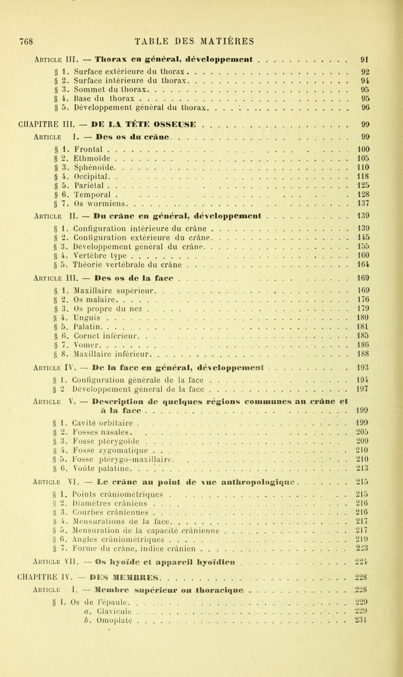 Article III. — Thorax eii général, développement 91 § 1. Surface extérieure du thorax 92 § 2. Surface intérieure du thorax 94 § 3. Sommet du thorax 95 § 4. Base du thorax 95 § 5. Développement général du thorax. . . , 96 CHAPITRE III. — DE LA. TÈTE OSSEEISE 99 Article I. — Des os du crâne 99 § 1. Frontal 100 § 2. Ethmoïde 105 § 3. Sphénoïde 110 § 4. Occipital 118 § 5. Pariétal 125 § 6. Temporal .128 § 7. Os wormiens 137 Article IL — Du crâne en général, dévelojjpement 139 § 1. Configuration intérieure du crâne 139 § 2. Configuration extérieure du crâne 145 § 3. Développement général du crâne 155 § 4. Vertèbre type 160 § 5. Théorie vertébrale du crâne 164 Article III. — Des os de la face 169 § 1. Maxillaire supérieur 169 § 2. Os malaire 176 § 3. Os propre du nez 179 § 4. Unguis 180 § 5. Palatin 181 § 6. Cornet inférieur 185 § 7. Vomer 186 § 8. Maxillaire inférieur 188 Article IV. — De la face en général, dévcloppemetial 193 § 1. Configuration générale de la face 194 § 2 Développement général de la face 197 Article V. — Description de quelques régions communes au crâne et â la face 199 § 1. Cavité orbitaire 199 § 2. Fosses nasales 205 § 3. Fosse ptérygoïde 209 § 4. Fosse zygomatique 210 §5. Fosse ptérygo-maxillaire • . . 210 § 6. Voûte palatine. . . ’ 213 Article VI. — Le crâne au iioiut de vue anthropologique 215 § 1. Points crâniométriques 215 § 2. Diamètres crâniens 216 § 3. Courbes crâniennes 216 § 4. Mensurations de la lace 217 § 5. Mensuration de la capacité crânienne 217 § 6. Angles crâniométriques 219 § 7. Forme du crâne, indice crânien 223 Article VII. — Os hyoïde et appareil hyoïdien 224 CHAPITRE IV. — DES MEMBRES 228 Article I. — Membre supérieur ou thoracique 228 § 1. Os de l’épaule 229 a. Clavicule 229 b. Omoplate 231