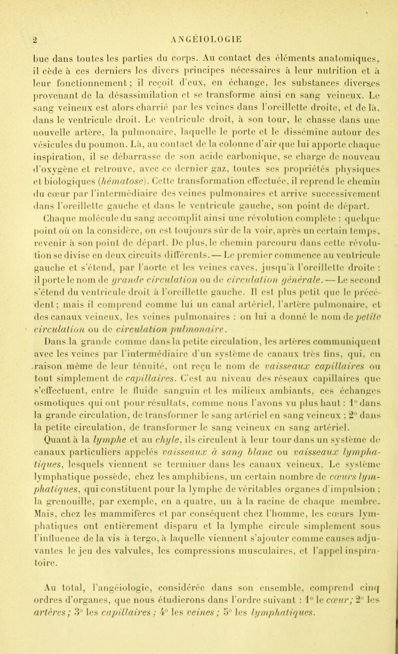 bue dans toutes les parties du corps. Au contact des éléments anatomiques, il cède à ces derniers les divers principes nécessaires à leur nutrition et à leur fonctionnement ; il reçoit d’eux, en échange, les substances diverses provenant de la désassimilation et se transforme ainsi en sang veineux. Le sang veineux est alors charrié par les veines dans roreillctte droite, et delà, <lans le ventricule droit. Le ventricule droit, à son tour, le chasse dans une nouvelle artère, la pulmonaire, laquelle le porte et le dissémine autour des vésicules du poumon. Là, au contact de la colonne d’air (pic lui apjiorlc chacfue^ inspiration, il se déliarrassc de son acide carbomàpie, se charge de nouveau d’oxygène et retrouve, avec ce deiTiicr gaz, toutes ses propriétés phvsiipies et biologiques (hématose). Cette transformation cIVectuée, il reprend le chemin du cœur par l’interniédiairc des veines pulnionaii*es et arrive successivement dans l’oreillette gauche et dans le ventricule gauche, son jioint de départ. Chaque molécule du sang accomplit ainsi une révolnt ion complète : (piel([U(^ point où on la considère, on est ton jours sur de la voii-, a j)i*ès un certain temps, revenir à son point de déjiart. De phis,l(‘ chemin parcouru dans cclt(î révolu- tion se divise en deux circuits dillei’ents. — Li* |)renii(*r commence an ventricule gauche et s’étend, par l’aorte et h‘s veines caves, juscpi’ii l’oreillette droite: il porte le nom de grande circulation ou de circutatio)i générale. — Le second s’étend du ventricule droit à l’oreillette gauche. 11 est plus petit (pie le précé- dent; mais il comprend comme lui un canal artériel, l’artère jiulmonaire, et des canaux veineux, les veines |)ulmonaires : on lui a donné h; nom de j^ctite circulation ou de circulation pulmonaire. Dans la grande comme dans la petite circulation, les artères communi(pienl avec les veines par rintermédiaire d’un système de canaux très lins, (pii, en .raison môme de leur ténuité, ont reçu le nom de vaisseaux capillaires ou tout simplement de capillaires. C’est au niveau des réseaux capillaires que s’elfectuent, entre le lluide sanguin et les milieux ambiants, ces échanges osmotiques qui ont pour résultats, comme nous l’avons vu plus haut : l^dans la grande circulation, de transformer le sang artériel en sang veineux ; 2*^ dans la petite circulation, de transformer le sang veineux en sang artériel. Quant à la lymphe et au chyle^ ils circulent à leur tour dans un système d(‘ canaux particuliers appelés vaisseaux à sang blanc ou vaisseaux lympha- tiques, lesquels viennent se terminer dans les canaux veineux. Le système lymphatique possède, chez les amphibiens, un certain nombre de cœurs lym- phatiques, qui constituent pour la lymphe de véritables organes d’impulsion : la grenouille, par exemple, en a quatre, un à la racine de chaque memlu-c. Mais, chez les mammifères et par conséquent chez l’homme, les conirs lyni- phatiques ont entièrement disparu et la lymphe circule simplement sous l’influence de la vis à tergo, à laquelle viennent s’ajouter comme causes adju- vantes le jeu des valvules, les compressions musculaires, et l’appel inspii*a- toire. Au total, l’angéiologie, considérée dans son ensemble, comprend cin(| ordres d’organes, que nous étudierons dans l’ordre suivant : D le cœur; les artères; 3*^ les capillaires ; 4® les veines; IP les lymphatiques.