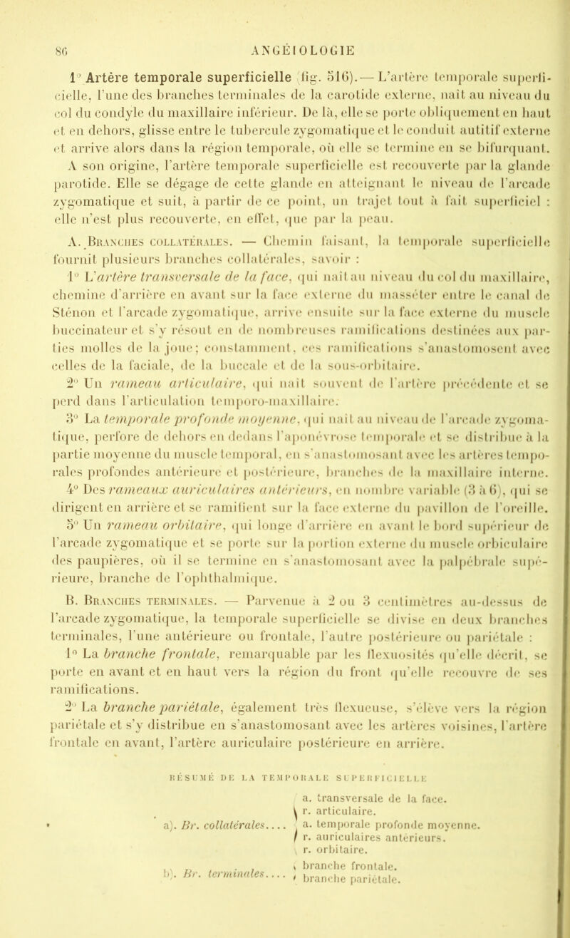 l Artère temporale superficielle Hg. olG).— L’arlèrc loiiiporale siipei-lî- cielle, l’une des branches tenninales de la carotide exlerne, naît au niveau du col du condyle du maxillaire intérieur. De là, elle se ])orle ol)li([ueinenl en liant et en dehors, glisse entre le tubercule zygoinaticjue et 1(‘conduit autitil'externe et arrive alors dans la région temjiorale, oii elle se lerinine en S(' birui’ijuanl. A son origine, l’artère temporale superüciidle est recouvm-le pai-la glande parotide. Elle se dégage de celte glande en al teignant h* niveau d(‘ l’arcade zygomati(|ue et suit, à partir de ce jioiid, un trajet tout à lait su|»erliciel : elle n’est plus recouverte, en elle!, tpie par la peau. A. BiiANCiiES COLLATÉRALES. — Chemin laisanl, la temporale sujierlicielle Iburnit plusieurs In-anches collatérales, sav(ur : 1'^ Vartère transversale de ta face, «pii naîlau niveau due(ddu maxillaii-(‘, chemine d’arrière en avant sur la fan* l'xb'rne du masséler entre h; canal (hî Sténon et l'arcade zygomaticpie. arrive ensuite sur la face ext(‘rne du muscle buccinateur et s'y résout en de mnnbreuses l•anliliealions d(*stinées aux par- ties molles de la joue; conslainnnmt. ees ramilications s'anastomosent avec celles de la faciale, de la buccale et de la sous-orbitaii’e. Un rameaa artieufaire, «pii miît smivent d<* l'arli're piveédentc; et se perd dans l'articidalion l(‘inporo-niaxillair(‘. o'^ h'à teanporale profonde moyentie. i\w\ naît au nivraudn l’arc^ade zygoma- ti([ue, perfore de «lehorsen dedans l'aj>oin'‘Vi*MS<‘ Icmporab* et se distribue à la partie moyenne du muscle temporal, en s'anastnmosant avec les ai‘li‘i*es tempo- rales profondes antérieui’e et posti'rieure, bi*anchrs de la maxillaire intenn;. 4'^ Des rameaux auriculaires anterieurs, en nond)i-(* variabb* (d à G), tpii se dirigent en arrière et se ramilient sui* la face (.'xlrrne du |(avillon de roreille. Un rameau orbitaire, qui longe d’arrh*re en avaid le boi'd supérieui* de l’arcade zygomatique et se poide sui‘ la poidion exlerne du muscb* orbicidaire des paii})ières, o(i il se termine en s anaslomosant avec la palj)ébral(* suj»é- l'ieure, branche de l’ophthalmique. H. Branches terminales. — Parvenue à ou B centimètres au-dessus de l’arcade zygomati({ue, la temporale superticielle se divise en deux bi*anehes terminales, l’une antérieure ou frontale, l’autre postérieure ou j)ariétale : U La brandie frontale, remarquable jjar les llexuosités (pi’elle décrit, se porte en avant et en haut vers la région du front qu’elle recouvre de ses ramilications. La branche pariétale, également très llexueuse, s’élève vers la région pariétale et s’y distribue en s’anastomosant avec les artères voisines, l'ai-lèi'e frontale en avant, l’artère auriculaire postérieure en ari-ière. lîÉSLMÉ DK LA TEMPOHALK S L 1* E It I I C I E I. L K a. transversale de la face. ^ r. articulaire. a). Br. collatérales a. teni[)orale profonde moyenne. / r. auriculaires anterieurs. , r. orbitaire. b). Br. terminales » branche frontale. • branche pariétale.