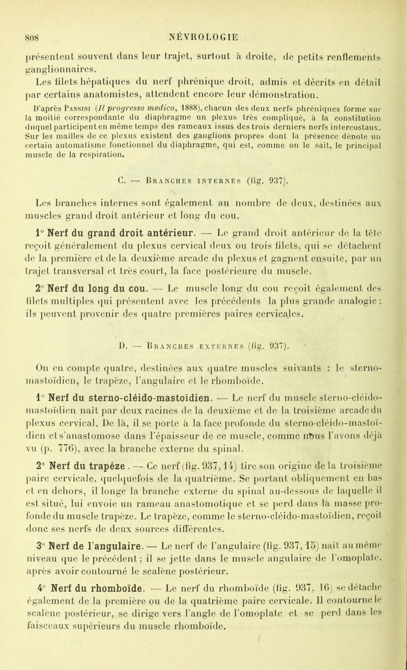 ])réseiitent souvent dans leur trajet, surtout à droite, de petits renflements ganglionnaires. Les filets hépatiques du nerf phrénique droit, admis et décrits en détail par certains anatomistes, attendent encore leur démonstration. D’après Pansini {Il progressa medico^ 1888), chacun des deux nerfs phréniques forme sur la moitié correspondante du diaphragme un plexus très compliqué, à la constitution duquel participent en même temps des rameaux issus des trois derniers nerfs intercostaux. Sur les mailles de ce plexus existent des ganglions propres dont la présence dénote un certain automatisme fonctionnel du diaphragme, qui est, comme on le sait, le principal muscle de la respiration. G. — Branches internes (lig. 937). Les branches internes sont également au nombre de deux, destinées aux muscles grand droit antérieur et long du cou. 1® Nerf du grand droit antérieur. — Le grand droit antérieur de la tête reçoit généralement du plexus cervical deux ou trois filets, qui se détachenl de la première et de la deuxième arcade du plexus et gagnent ensuite, par un trajet transversal et très court, la face postérieure du muscle. 2° Nerf du long du cou. — Le muscle long du cou reçoit également des filets multiples qui présentent avec les précédents la plus grande analogie ; ils peuvent provenir des quatre premières paires cervicales. D. — Branches externes (Hg. 937). On en compte quatre, destinées aux quatre muscles suivants : le sterno- mastoïdien, le trapèze, l’angulaire et le rhomboïde. 1° Nerf du sterno-cléido-mastoïdien. — Le nerf du muscle sterno-cléido- mastoïdien naît par deux racines de la deuxième et de la troisième arcade du plexus cervical. De là, il se porte à la face profonde du sterno-cléido-mastoï- dien et s’anastomose dans l’épaisseur de ce muscle, comme nt)us l’avons déjà vu (p. 776), avec la branche externe du spinal. 2° Nerf du trapèze . — Ce nerf (fig. 937,14) tire son origine de la troisième paire cervicale, quelquefois de la quatrième. Se portant obliquement en bas et en dehors, il longe la branche externe du spinal au-dessous de laquelle il est situé, lui envoie un rameau anastomotique et se perd dans là masse pro- fonde du muscle trapèze. Le trapèze, comme le sterno-cléido-mastoïdien, reçoit donc ses nerfs de deux sources différentes. 3^^ Nerf de l’angulaire. — Le nerf de l’angulaire (fig. 937,15) nait au même niveau que le précédent ; il se jette dans le muscle angulaire de l’omoplate, après avoir contourné le scalène postérieur. 4° Nerf du rhomboïde. — Le nerf du rhomboïde (fig. 937, 16) se détache également de la première ou de la quatrième paire cervicale. Il contourne le scalène postérieur, se dirige vers l’angle de l’omoplate et se perd dans les faisceaux supérieurs du muscle rhomboïde.
