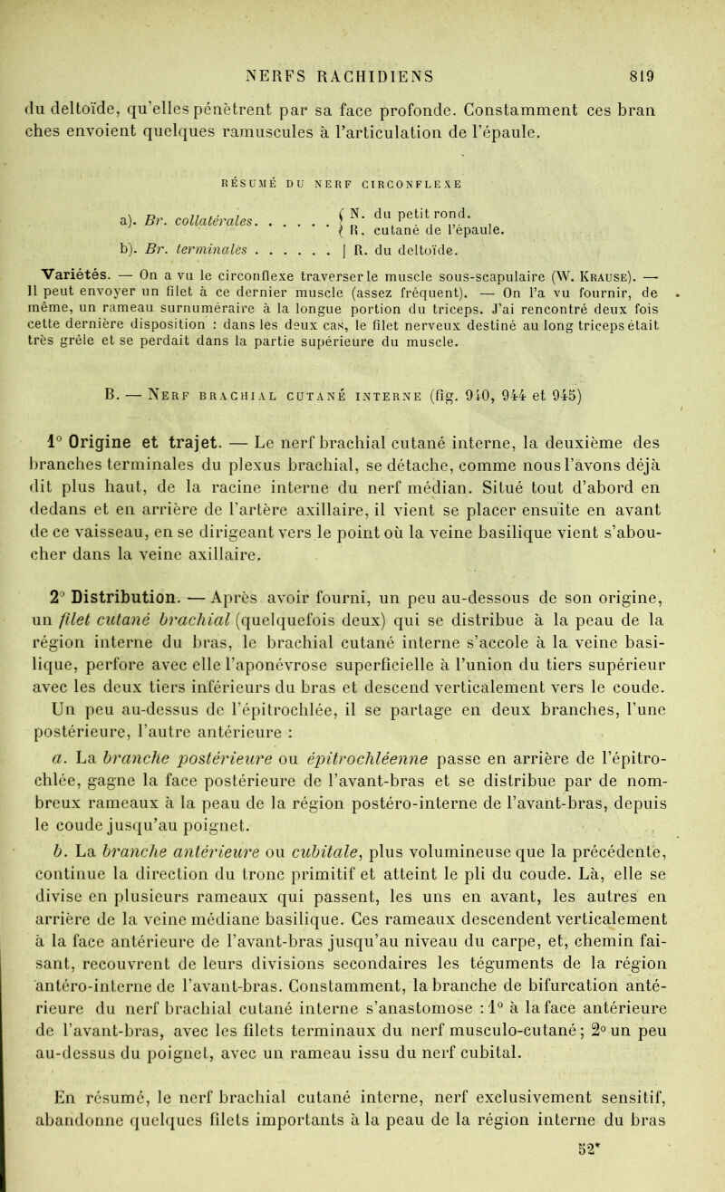 du deltoïde, qu’elles pénètrent par sa face profonde. Constamment ces bran ches envoient quelques ramuscules à l’articulation de l’épaule. R É s ü -M É DU NERF CIRCONFLEXE a) . Br. collatérales b) . Br. terminales ( N. du petit rond. ^ R, cutané de l’épaule. 1 R. du deltoïde. Variétés. — On a vu le circonflexe traverser le muscle sous-scapulaire (W. Krause). — Il peut envoyer un filet à ce dernier muscle (assez fréquent). — On l’a vu fournir, de même, un rameau surnuméraire à la longue portion du triceps. J’ai rencontré deux fois cette dernière disposition : dans les deux cas, le filet nerveux destiné au long triceps était très grêle et se perdait dans la partie supérieure du muscle. B. — Nerf brachial cutané interne (fig. 910, 944 et 945) 1° Origine et trajet. — Le nerf brachial cutané interne, la deuxième des branches terminales du plexus brachial, se détache, comme nous l’avons déjà dit plus haut, de la racine interne du nerf médian. Situé tout d’abord en dedans et en arrière de l’artère axillaire, il vient se placer ensuite en avant de ce vaisseau, en se dirigeant vers le point où la veine basilique vient s’abou- cher dans la veine axillaire. 2“ Distribution. — Après avoir fourni, un peu au-dessous de son origine, un filet cutané brachial (quelquefois deux) qui se distribue à la peau de la région interne du bras, le brachial cutané interne s’accole à la veine basi- lique, perfore avec elle l’aponévrose superficielle à l’union du tiers supérieur avec les deux tiers inférieurs du bras et descend verticalement vers le coude. Un peu au-dessus de l’épitrochlée, il se partage en deux branches, l’une postérieure, l’autre antérieure : a. La branche postérieure ou épitrochléenne passe en arrière de l’épitro- chlée, gagne la face postérieure de l’avant-bras et se distribue par de nom- breux rameaux à la peau de la région postéro-interne de l’avant-bras, depuis le coude jusqu’au poignet. b. La branche antérieure ou cubitale^ plus volumineuse que la précédente, continue la direction du tronc primitif et atteint le pli du coude. Là, elle se divise en plusieurs rameaux qui passent, les uns en avant, les autres en arrière de la veine médiane basilique. Ces rameaux descendent verticalement à la face antérieure de l’avant-bras jusqu’au niveau du carpe, et, chemin fai- sant, recouvrent de leurs divisions secondaires les téguments de la région àntéro-interne de l’avant-bras. Constamment, la branche de bifurcation anté- rieure du nerf brachial cutané interne s’anastomose à la face antérieure de l’avant-bras, avec les filets terminaux du nerf musculo-cutané ; 2° un peu au-dessus du poignet, avec un rameau issu du nerf cubital. En résumé, le nerf brachial cutané interne, nerf exclusivement sensitif, abandonne quelques filets importants à la peau de la région interne du bras 52'