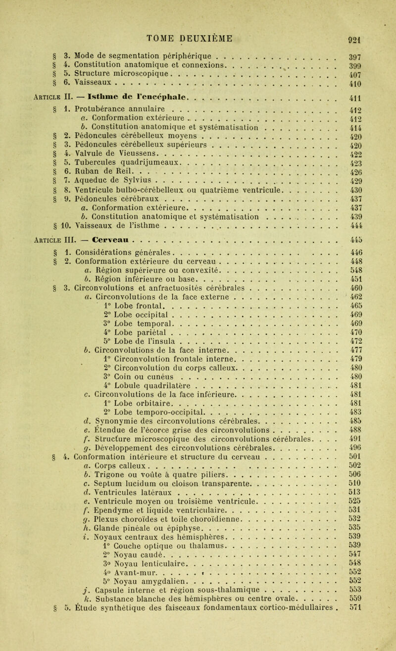 § 3. Mode de segmentation périphérique 397 § 4. Constitution anatomique et connexions 399 § 5. Structure microscopique 407 § 6. Vaisseaux 4IO Article IL — Istbme de l’encéphale. . 411 § 1. Protubérance annulaire 412 a. Conformation extérieure 412 b. Constitution anatomique et systématisation 414 § 2. Pédoncules cérébelleux moyens 420 § 3. Pédoncules cérébelleux supérieurs 420 § 4. Valvule de Vieussens 422 § 5. Tubercules quadrijumeaux 423 § 6. Ruban de Reil 426 § 7. Aqueduc de Sylvius 429 § 8. Ventricule bulbo-cérébelleux ou quatrième ventricule 430 § 9. Pédoncules cérébraux 437 a. Conformation extérieure 437 b. Constitution anatomique et systématisation 439 § 10. Vaisseaux de l’isthme 444 Article III. — Cerveau 445 § 1. Considérations générales 446 § 2. Conformation extérieure du cerveau 448 a. Région supérieure ou convexité 548 b. Région inférieure ou base 451 § 3. Circonvolutions et anfractuosités cérébrales 460 a. Circonvolutions de la face externe 462 1“ Lobe frontal 465 2° Lobe occipital 469 3° Lobe temporal 469 4° Lobe pariétal 470 5 Lobe de l’insula 472 b. Circonvolutions de la face interne 477 1° Circonvolution frontale interne 479 2“ Circonvolution du corps calleux 480 3° Coin ou cunéus 480 4° Lobule quadrilatère 481 c. Circonvolutions de la face inférieure 481 1° Lobe orbitaire 481 2° Lobe temporo-occipital 483 d. Synonymie des circonvolutions cérébrales 485 e. Étendue de l’écorce grise des circonvolutions 488 f. Structure microscopique des circonvolutions cérébrales. . . . 491 g. Développement des circonvolutions cérébrales 496 § 4. Conformation intérieure et structure du cerveau 501 a. Corps calleux 502 b. Trigone ou voûte à quatre piliers 506 c. Septum lucidum ou cloison transparente 510 d. Ventricules latéraux 513 e. Ventricule moyen ou troisième ventricule 525 f. Ependyme et liquide ventriculaire 531 g. Plexus choroïdes et toile choroïdienne 532 A. Glande pinéale ou épiphyse 535 i. Noyaux centraux des hémisphères 539 1° Couche optique ou thalamus 539 2° Noyau caudé 547 30 Noyau lenticulaire 548 40 Avant-mur » 552 5° Noyau amygdalien 552 j. Capsule interne et région sous-thalamique 553 k. Substance blanche des hémisphères ou centre ovale 559 § 5. Étude synthétique des faisceaux fondamentaux cortico-médullaires . 571