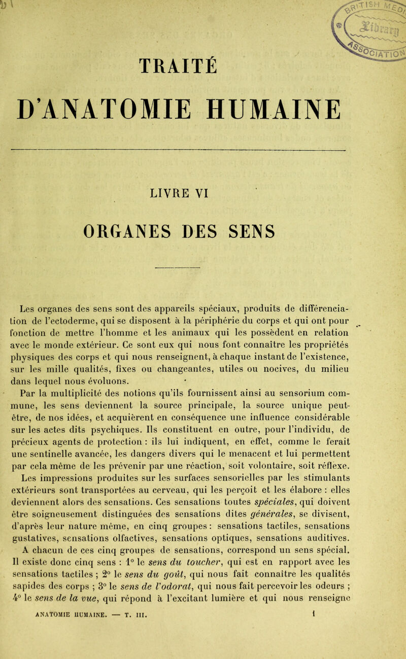 D’ANATOMIE HUMAINE LIVRE VI ORGANES DES SENS Les organes des sens sont des appareils spéciaux, produits de différencia- tion de l’ectoderme, qui se disposent à la périphérie du corps et qui ont pour fonction de mettre l’homme et les animaux qui les possèdent en relation avec le monde extérieur. Ce sont eux qui nous font connaître les propriétés physiques des corps et qui nous renseignent, à chaque instant de l’existence, sur les mille qualités, fixes ou changeantes, utiles ou nocives, du milieu dans lequel nous évoluons. Par la multiplicité des notions qu’ils fournissent ainsi au sensorium com- mune, les sens deviennent la source principale, la source unique peut- être, de nos idées, et acquièrent en conséquence une influence considérable sur les actes dits psychiques. Ils constituent en outre, pour l’individu, de précieux agents de protection : ils lui indiquent, en effet, comme le ferait une sentinelle avancée, les dangers divers qui le menacent et lui permettent par cela même de les prévenir par une réaction, soit volontaire, soit réflexe. Les impressions produites sur les surfaces sensorielles par les stimulants extérieurs sont transportées au cerveau, qui les perçoit et les élabore : elles deviennent alors des sensations. Ces sensations toutes spéciales^ qui doivent être soigneusement distinguées des sensations dites générales^ se divisent, d’après leur nature même, en cinq groupes : sensations tactiles, sensations gustatives, sensations olfactives, sensations optiques, sensations auditives. A chacun de ces cinq groupes de sensations, correspond un sens spécial. Il existe donc cinq sens : 1® le sens du toucher^ qui est en rapport avec les sensations tactiles ; 2® le sens du goût^ qui nous fait connaître les qualités sapides des corps ; 3° le sens de Vodorat^ qui nous fait percevoir les odeurs ; hP le sens de la vue, qui répond à l’excitant lumière et qui nous renseigne
