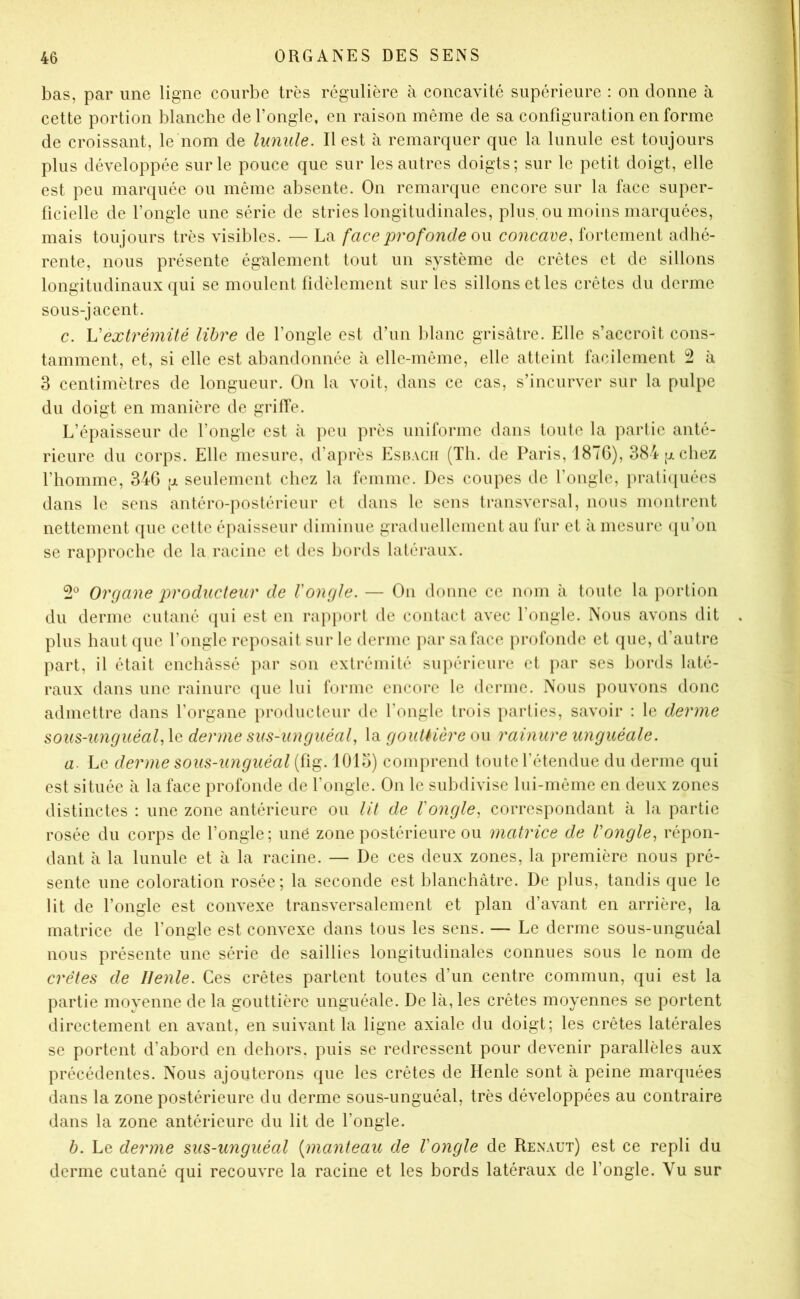 bas, par une ligne courbe très régulière à concavité supérieure : on donne à cette portion blanche de l’ongle, en raison même de sa configuration en forme de croissant, le nom de lunule. Il est à remarquer que la lunule est toujours plus développée sur le pouce que sur les autres doigts; sur le petit doigt, elle est peu marquée ou même absente. On remarque encore sur la face super- ficielle de l’ongle une série de stries longitudinales, plus, ou moins marquées, mais toujours très visibles. — La face profonde o\\ concave, fortement adhé- rente, nous présente également tout un système de crêtes et de sillons longitudinaux qui se moulent fidèlement sur les sillons et les crêtes du derme sous-jacent. c. Vextrémité libre de l’ongle est d’un l)lanc grisâtre. Elle s’accroît cons- tamment, et, si elle est abandonnée à elle-même, elle atteint facilement 2 à 3 centimètres de longueur. On la voit, dans ce cas, s’incurver sur la pulpe du doigt en manière de grilTe. L’épaisseur de l’ongle est à peu près uniforme dans toute la partie anté- rieure du corps. Elle mesure, d’après Eshacii (Th. de Paris, 1876), 384 jji chez l’homme, 346 g seulement chez la femme. Des coupes de l’ongle, prali({uées dans le sens antéro-postérieur et dans le sens transversal, nous montrent nettement que cette épaisseur diminue graduellement au fur et à mesure qu’on se rapproche de la racine et des bords latéraux. 2® Organe producteur de Vongle. — On donne ce nom à toute la portion du derme cutané qui est en rapport de contact avec l’ongle. Nous avons dit plus haut que l’ongle reposait sur le derme par sa face profonde et que, d’autre part, il était enchâssé par son extrémité snpéricure et par ses hords laté- raux dans une rainure que lui forme encore le derme. Nous pouvons donc admettre dans l’organe producteur de l’ongle trois i)arties, savoir : le derme sous-unguéal, le derme sus-unguéal, la gouUière ou rainure unguéale. a- Le derme sous-unguéal [i\^. 1015) comprend toutel’étendue du derme qui est située à la face profonde de l’ongle. On le subdivise lui-même en deux zones distinctes ; une zone antérieure ou lit de l'ongle, correspondant à la partie rosée du corps de l’ongle; une zone postérieure ou matrice de Vongle, répon- dant à la lunule et à la racine. — De ces deux zones, la première nous pré- sente une coloration rosée; la seconde est blanchâtre. De plus, tandis que le lit de l’ongle est convexe transversalement et plan d’avant en arrière, la matrice de l’ongle est convexe dans tous les sens. — Le derme sous-unguéal nous présente une série de saillies longitudinales connues sous le nom de crêtes de llenle. Ces crêtes partent toutes d’un centre commun, qui est la partie movenne de la gouttière unguéale. De là, les crêtes moyennes se portent directement en avant, en suivant la ligne axiale du doigt; les crêtes latérales se portent d’abord en dehors, puis se redressent pour devenir parallèles aux précédentes. Nous ajouterons que les crêtes de Henle sont à peine marquées dans la zone postérieure du derme sous-unguéal, très développées au contraire dans la zone antérieure du lit de l’ongle. b. Le derme sus-unguéal {manteau de l'ongle de Renaut) est ce repli du derme cutané qui recouvre la racine et les bords latéraux de l’ongle. Vu sur