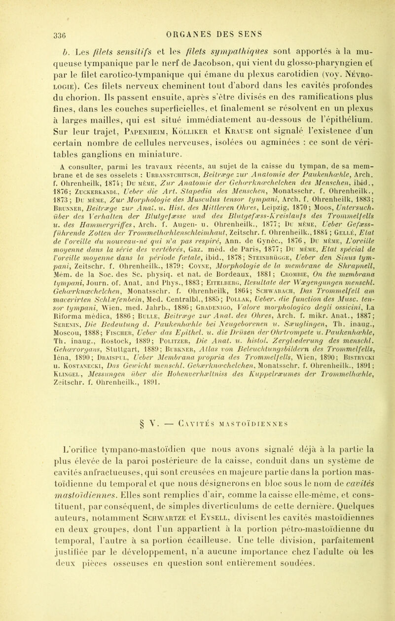 b. Les filets sensitifs et les filets sympathiques sont apportés à la mu- queuse tympaiiique par le nerf de Jacobson, qui vient du glosso-pharyngien ef par le filet carotico-tympanique qui émane du plexus carotidien (voy. Névro- logie). Ces filets nerveux cheminent tout d’abord dans les cavités profondes du chorion. Ils passent ensuite, après s’être divisés en des ramifications plus fines, dans les couches superficielles, et finalement se résolvent en un plexus à larges mailles, qui est situé immédiatement au-dessous de l’épithélium. Sur leur trajet, Papenheim, Kolliker et Krause ont signalé l’existence d’un certain nombre de cellules nerveuses, isolées ou agminées : ce sont de véri- tables ganglions en miniature. A consulter, parmi les travaux récents, au sujet de la caisse du tympan, de sa mem- brane et de ses osselets : Urbanstchitsch, Beüræge zur Anatomie der Paukenhœhle, Arch. f. Ohrenheilk, 1874; Du même, Zur Anatomie der Gehærknœchelchen des Menschen, ibid., 1876; ZucKERKANDL, Uebcr die Art. Stapedia des Menschen., Monatsschr. f. Ohrenheilk., 1873 ; Du même, Zur Morphologie des Musculus tensor tympani, Arch. f. Ohrenheilk, 1883; Brunner, Beitræge zur Anal. u. HisL. des Mittleren Ohres, Leipzig, 1870 ; Moos, Untersuch. über des Verhalten der Blulgefæsse und des Blutgefæss-Kreislauts des Tronimelfells U. des Hammergriffes, kvch. f. Augen- u. Ohrenheilk., 1877; Du même, Ueber Gefæss- führende Zotten der Trornmelhœhlenschleimhaut, Zeitschr. f. Ohrenheilk., 1884 ; Gellé, Etat de Voreille du nouveau-né qui iéa pas respiré, Ann. de Gynéc., 1876, Du même. L'oreille moyenne da7is la séide des vertébrés, Gaz. méd. de Paris, 1877; Du même, Etat spécial de l'oreille moyenne dans la période fœtale, ibid., 1878; Steinrrügge, Ueber den Sinus tym- pani, Zeitschr. f. Ohrenheilk., 1879; Coyne, Morphologie de la membrane de Shrapnell, Mém. de la Soc. des Sc. physiq. et nat. de Bordeaux, 1881; Grombie, On the membrana Ujmpani,io\\m. of. Anat. and Phys., 1883; Eitelberg, Resultate der Wægengungen menschl. Gehærknœchelchen, Monatsschr. f. Ohrenheilk, 1864; ScnwABACii, Bas Trommelfell am maceiùrlen Schlœfenbein,'Uç^à. Centralbl., 1885; Pollak, Ueber. die function des Musc, ten- sor tympani, Wien. med. Jahrb., 1886; Gradenigo, Valore morphologico degli ossicini, La Biforma médica, 1886; Bulle, Beitræge zur Anat. des Ohres, Arch. f, mikr. Anat., 1887 ; Serenin, Die Bedeutung d. Paukenhœhle bei Neugeborenen u. Sæuglingen, Th. inaug., Moscou, 1888; Fischer, Ueber das Epithel. u. die Drüsen der O tir trompeté u. Paukenhœhle, Th. inaug., Rostock, 1889; Politzer, Die Anat. u. histol. ZergUederung des menschl. Gehœ.rorgans, Stuttgart, 1889; Burkner, Atlas von Beleuchtungsbildeim des Trommelfells, léna, 1890; Draispul, Ueber Membrana propria des Trommelfells, Wien, 1890; Bistrycki u. Kostanecki, Das Gewicht menschl. Geliæ7'knaœhelchen,'^ioiï0.is>%c\\T. f. Ohrenheilk., 1891; Klingel, Messungen über die Hohenverhæltniss des Kuppelræumes der Trommelhœhle, Zeitschr. f. Ohrenheilk., 1891. § Y. — Cavités mastoïdiennes L’orifice tympano-mastoïdien que nous avons signalé déjà à la partie la plus élevée de la paroi postérieure de la caisse, conduit dans un système de cavités anfractueuses, qui sont creusées en majeure partie dans la portion mas- toïdienne du temporal et que nous désignerons en bloc sous le nom de cavités mastoïdiennes. Elles sont remplies d’air, comme la caisse elle-même, et cons- tituent, par conséquent, de simples diverticulums de cette dernière. Quelques auteurs, notamment Schwartze et Eysell, divisent les cavités mastoïdiennes en deux groupes, dont l’un appartient à la portion pétro-mastoïdienne du temporal, l’autre à sa portion écailleuse. Une telle division, parfaitement justifiée par le développement, n’a aucune importance chez l’adulte où les deux pièces osseuses en question sont entièrement soudées.