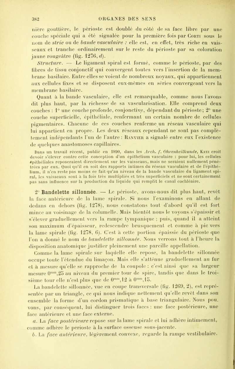 iiière gouttière, le périoste est doublé du côté de sa face libre par une couche spéciale qui a été signalée pour la première fois par Corti sous le nom de strie ou de bande vasculaire : elle est, en effet, très riche en vais- seaux et tranche ordinairement sur le reste du périoste par sa coloration jaune rougeâtre (fîg. 1276,6?). Structure. — Le ligament spiral est formé, comme le périoste, par des fibres de tissu conjonctif qui convergent toutes vers l’insertion de la mem- brane basilaire. Entre elles se voient de nombreux noyaux, qui appartiennent aux cellules fixes et se disposent eux-mêmes en séries convergeant vers la membrane basilaire. Quant à la bande vasculaire, elle est remarquable, comme nous l’avons dit plus haut, par la richesse de sa vascularisation. Elle comprend deux couches : une couche profonde, conjonctive, dépendant du périoste; 2*^ une couche superficielle, épithéliale, renfermant un certain nombre de cellules pigmentaires. Chacune de ces couches renferme un réseau vasculaire qui lui appartient en propre. Les deux réseaux cependant ne sont pas complè- tement indépendants l’un de l’autre : Ranvier a signalé entre eux l’existence de quelques anastomoses capillaires. Dans un travail récent, publié en 1890, dans les Arch. f. Ohrenheükunde, Katz croit devoir s’élever contre cette conception d’un épithélium vasculaire : pour lui, les cellules épithéliales reposeraient directement sur les vaisseaux, mais ne seraient nullement péné- trées par eux. Quoi qu’il en soit des rapports intimes du réseau vasculaire et de l’épithé- lium, il n’en reste pas moins ce fait qu’au niveau de la bande vasculaire du ligament spi- ral, les vaisseaux sont à la fois très multipliés et très superficiels et ne sont certainement pas sans influence sur la production du liquide qui remplit le canal cochléaire. 2® Bandelette sillonnée. — Le périoste, avons-nous dit plus haut, revêt la face antérieure de la lame spirale. Si nous Lexaminons en allant de dedans en dehors (fig. 1278), nous constatons tout d’abord qu’il est fort mince au voisinage de la coliimelle. Mais bientôt nous le voyons s’épaissir et s’élever graduellement vers la rampe tympanique ; puis, quand il a atteint son maximum d’épaisseur, redescendre brus([uement et comme à pic vers la lame spirale (fig. 1278, 6). C’est à cette portion épaissie du périoste que l’on a donné le nom de bandelette sillonnée. Nous verrons tout à l’heure la disposition anatomique justifier pleinement une pareille appellation. Comme la lame spirale sur laquelle elle repose, la bandelette sillonnée occupe toute l’étendue du limaçon. Mais elle s’atténue graduellement au fur et à mesure qu’elle se rapproche de la coupole : c’est ainsi que sa largeur mesure 0™,25 au niveau du premier tour de spire, tandis que dans le troi- sième tour elle n’est plus que de 0™,12 à 0™,15. La bandelette sillonnée, vue en coupe transversale (fig. 1269, 2), est repré- sentée par un triangle, ce qui nous indique nettement qu’elle revêt dans son ensemble la forme d’un cordon prismatique à base triangulaire. Nous pou- vons, par conséquent, lui distinguer trois faces : une face postérieure, une face antérieure et une face externe. a. La face postérieure repose sur la lame spirale et lui adhère intimement, comme adhère le périoste à la surface osseuse sous-jacente. b. La face antérieure, légèrement convexe, regarde la rampe vestibulaire.