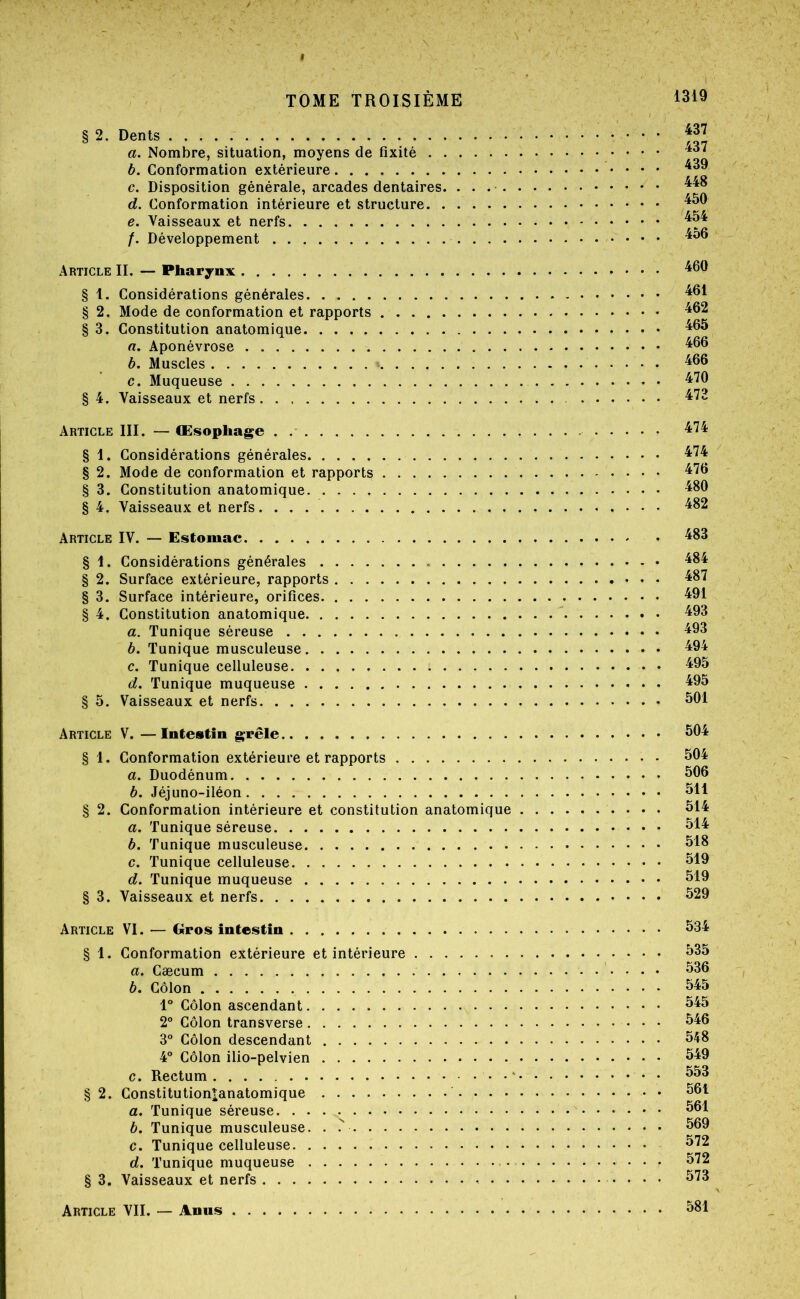 § 2. Dents a. Nombre, situation, moyens de fixité . b. Conformation extérieure c. Disposition générale, arcades dentaires d. Conformation intérieure et structure. . e. Vaisseaux et nerfs /. Développement 437 437 439 448 450 454 456 Article IL — Pharynx § 1. Considérations générales § 2. Mode de conformation et rapports § 3. Constitution anatomique a. Aponévrose b. Muscles c. Muqueuse § 4. Vaisseaux et nerfs 460 461 462 465 466 466 470 473 Article III. — Œsophage . § 1. Considérations générales § 2. Mode de conformation et rapports § 3. Constitution anatomique § 4, Vaisseaux et nerfs 474 474 476 480 482 Article § 1. § 2. § 3. § 4. § 5. Article § 1. 2. § 3. IV. — Estomac • ^133 Considérations générales 134 Surface extérieure, rapports 137 Surface intérieure, orifices 191 Constitution anatomique  193 a. Tunique séreuse 193 b. Tunique musculeuse • 191 c. Tunique celluleuse 195 d. Tunique muqueuse 195 Vaisseaux et nerfs 501 V. — Intestin grêle 504 Conformation extérieure et rapports 504 a. Duodénum 506 b, Jéjuno-iléon 511 Conformation intérieure et constitution anatomique 514 a. Tunique séreuse 514 b. Tunique musculeuse 518 c. Tunique celluleuse 519 d. Tunique muqueuse 519 Vaisseaux et nerfs 529 Article VI. — Gros intestin 534 § 1. Conformation extérieure et intérieure a. Cæcum b. Côlon 1 Côlon ascendant 2° Côlon transverse 3° Côlon descendant 4° Côlon ilio-pelvien c. Rectum § 2. Constitution|anatomique a. Tunique séreuse b. Tunique musculeuse. c. Tunique celluleuse d. Tunique muqueuse § 3. Vaisseaux et nerfs 535 536 545 545 546 548 549 553 561 561 569 572 572 573 Article VII. — Anus 581