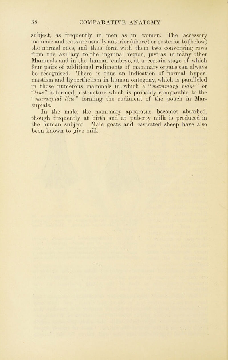 subject, as frequently in men as in women. The accessory mammse andteats areusually anterior (above) or posterior to (below) the normal ones, and thus form with them two converging rows from the axillary to the inguinal region, just as in many other Mammals and in the human embryo, at a certain stage of which four pairs of additional rudiments of mammary Organs can always be recognised. There is thus an indication of normal hyper- mastism and hyperthelism in human ontogeny, which is paralleled in those numerous mammals in which a “ mammary ridge ” or “li?ie” is formed, a structure which is probably comparable to the “ marsupial line ” forming the rudiment of the pouch in Mar- supials. In the male, the mammary apparatus becomes absorbed, though frequently at birth and at puberty milk is produced in the human subject. Male goats and castrated sheep have also been known to give milk.