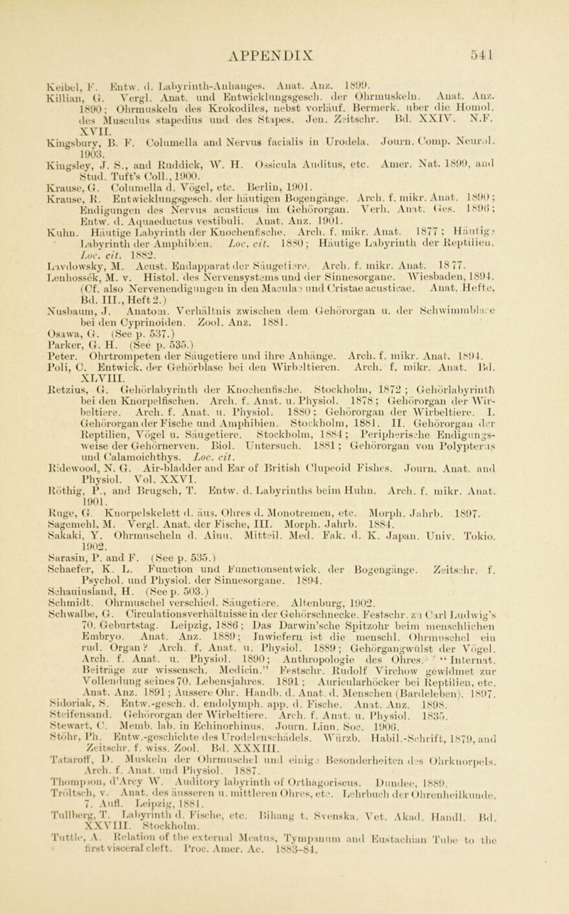 Keibel, F. Entw. <1. Labyrinth-Anhanges. Anat. Anz. 1899. Killian, G. Yergl. Anat. und Entwicklungsgesch. der Olirmuskeln. Anat. Anz. 1890; Olirmuskeln des Krokodiles, nebst vorlauf. Bermerk. über die Homol. des Musculus stapedius und des Stapes. Jen. Zeitschr. Bd. XXIV. N.F. XVII. lvingsbury, B. F. Columella and Nervus facialis in Urodela. Journ. Comp. Neural. 1903. Kingsley, J. S., and Ruddick, W. H. Ossicula Auditus, etc. Amer. Nat. 1899, and Stud. Tuffs Coli., 1900. Krause, G. Columella d. Vögel, etc. Berlin, 1901. Krause, R. Entwicklungsgesch. der häutigen Bogengänge. xVrch. f. mikr. Anat. 1890 ; Endigungen des Nervus acusticus im Gehörorgan. Verh. Anat. Ges. 1896; Entw. d. Aquaeductus vestibuli. Anat. Auz. 1901. Kuhn. Häutige Labyrinth der Knochenfische. Arch. f. mikr. Anat. 1877: Häutig * Labyrinth der Amphibien. Loc.cit. 1880; Häutige Labyrinth der Reptilien. Luc. cit. 1882. Lavdowsky, M. Acust. Endapparat der Säugetiere. Arch. f. mikr. Anat. 18 77. Lenhossek, M. v. Histol. des Nervensystemsund der Sinnesorgane. Wiesbaden, 1894. (Cf. also Nervenendigungen in den Macula * und Cristae acusticae. Anat. Hefte, Bd. III., Heft 2.) Nusbaum, J. Anatom. Verhältnis zwischen dem Gehörorgan u. der Schwimmblase bei den Cyprinoiden. Zool. Anz. 1881. Osawa, G. (See p. 537.) Parker, G. H. (See p. 535.) Peter. Ohrtrompeten der Säugetiere und ihre Anhänge. Arch. f. mikr. Anat. 1894. Poli, C. Entwick. der Gehörblase bei den Wirbeltieren. Arch. f. mikr. Anat. Bd. XL VIII. Retzius, G. Gehörlabyrinth der Knochenfische. Stockholm, 1872 ; Gehörlabyrinth bei den Knorpelfischen. Arch. f. Anat. u. Physiol. 1878; Gehörorgan der Wir- beltiere. Arch. f. Anat. u. Physiol. 1880; Gehörorgan der Wirbeltiere. I. Gehörorgan der Fische und Amphibien. Stockholm, 1881. II. Gehörorgan der Reptilieu, Vögel u. Säugetiere. Stockholm, 1884; Peripherische Endigungs- weise der Gehörnerven. Biol. Untersuch. 1881; Gehörorgan von Polypterus und Calamoichthys. Loc. cit. Ridewood, N. G. Air-bladder and Ear of British Clupeoid Fishes. Journ. Anat. and Physiol. Vol. XXVI. Röthig, 1\, and Brugsch, T. Entw. d. Labyrinths beim Huhn. Arch. f. mikr. Anat. 1901. Rüge, G. Kuorpelskelett d. äus. Ohres d. Monotremen, etc. Morph. Jahrb. 1897. Sagemehl. M. Vergl. Anat. der Fische, III. Morph. Jahrb. 1884. Sakaki, Y. Ohrmuscheln d. Ainu. Mitteil. Med. Fak. d. K. Japan. Univ. Tokio. 1902. Sarasin, P. and F. (See p. 535.) Schaefer, K. L. Function und Functionsentwick. der Bogengänge. Zeitsrhr. f. Psychol. und Physiol. der Sinnesorgane. 1894. Schauinsland, H. (Seep. 503.) Schmidt. Ohrmuschel verschied. Säugetiere. Altenburg, 1902. Schwalbe, G. Circulationsverhältnisse in der Gehörschnecke. Festschr. zu Carl Ludwig’s 70. Geburtstag. Leipzig, 1886; Das Darwinsche Spitzohr beim menschlichen Embryo. Anat. Auz. 1889; Inwiefern ist die meuschl. Ohrmuschel ein rud. Organ? Arch. f. Anat. u. Physiol. 1889; Gehörgangwulst der Vögel. Arch. f. Anat. u. Physiol. 1890; Anthropologie des Ohres. “Internat. Beiträge zur wissensch. Medicin.” Festschr. Rudolf Vircliovv gewidmet zur Vollendung seines 70. Lebensjahres. 1891; Auricularhöcker bei Reptilieu, etc. Auat. Anz. 1891; Äussere Ohr. Handb. d. Anat. d. Menschen (Bardeleben). 1897. Sidoriak, S. Entw.-gesch. d. endolymph. app. d. Fische. Anat. Anz. 1898. Steifensand. Gehörorgan der Wirbeltiere. Arch. f. Anat. u. Physiol. 1835. Stewart, C. Memb. lab. in Echinorhinus. Journ. Linn. Soc. 1906. Stöhr, Ph. Entw.-geschichte des Urodelenschädels. Würzb. Habil.-Schrift, 1879, and Zeitschr. f. wiss. Zool. Bd. XXXIII. Tataroff, D. Muskeln der Ohrmuschel und einig. Arch. f. Anat. und Physiol. 1887. Thompson, d’Arcy W. Auditory labyrinth of Orthagoriscus. Dundee, 1889. Tröltsch, v. Auat. des äusseren u. mittleren Ohres, etc. Lehrbuch der Ohrenheilkunde. 7. Aufl. Leipzig, 1881. Tullberg, T. Labyrinth d. Fische, etc. Bihang t. Svenska. Vet. Akad. Handl. Bd. XXVIII. Stockholm. Tuttic, A. Relation of the external Meatus, Tympanuin and Eustachian Tube to the first visceral cleft. Proc. Amer. Ac. 1883-84. Besonderheiten des Ohrknorpels.