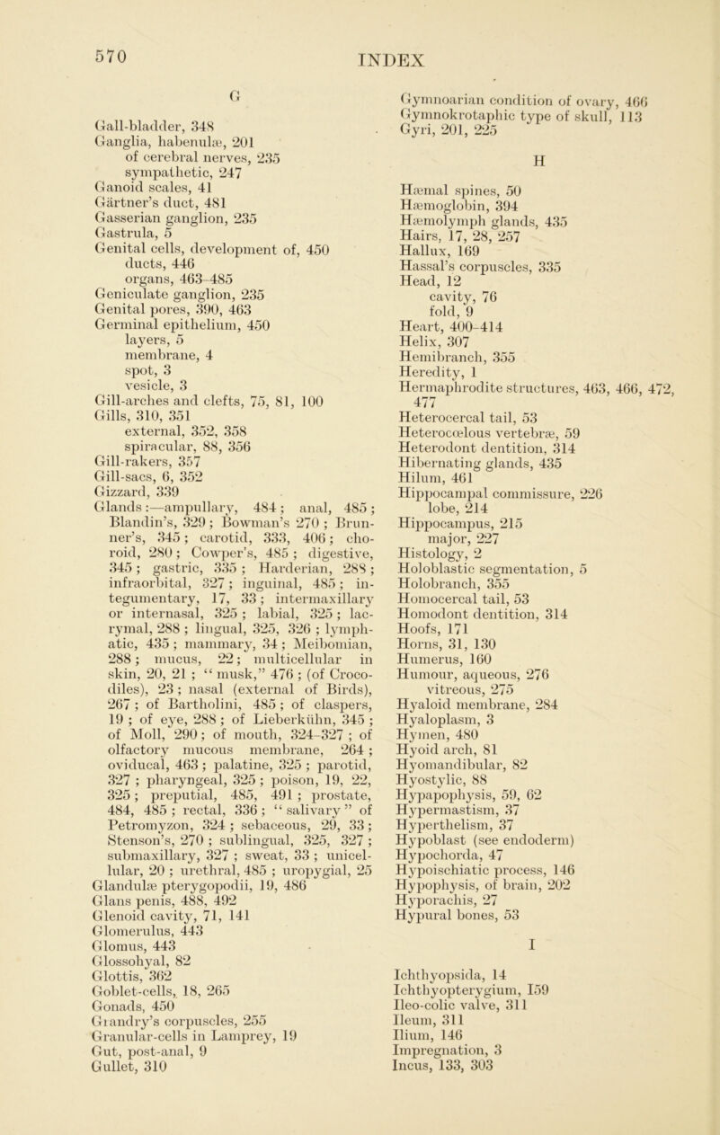 Cx Gall-bladder, 348 Ganglia, habenulae, 201 of cerebral nerves, 235 sympalhetic, 247 Ganoid scales, 41 Gärtner’s duct, 481 Gasserian ganglion, 235 Gastrula, 5 Genital cells, development of, 450 ducts, 446 organs, 463-485 Geniculate ganglion, 235 Genital pores, 390, 463 Germinal epithelium, 450 layers, 5 membrane, 4 spot, 3 vesicle, 3 Gill-arches and clefts, 75, 81, 100 Gills, 310, 351 external, 352, 358 spiracular, 88, 356 Gill-rakers, 357 Gill-sacs, 6, 352 Gizzard, 339 Glands :—ampullary, 484 ; anal, 485 ; Blandin’s, 329 ; Bowman’s 270 ; Brun- ner’ s, 345; carotid, 333, 406; cho- roid, 280 ; Cowper’s, 485 ; digestive, 345 ; gastric, 335 ; Harderian, 288 ; infraorbital, 327; inguinal, 485; in- tegumentary, 17, 33; intermaxillary or internasal, 325 ; labial, 325; lac- rymal, 288 ; lingual, 325, 326 ; lymph- atic, 435 ; mammary, 34; Meibomian, 288; mucus, 22; multicellular in skin, 20, 21 ; “ musk,” 476 ; (of Croco- diles), 23 ; nasal (external of Birds), 267 ; of Bartholini, 485 ; of claspers, 19 ; of eye, 288; of Lieberkühn, 345 ; of Moll, 290; of mouth, 324-327 ; of olfactory mucous membrane, 264 ; oviducal, 463; palatine, 325 ; parotid, 327 ; pharyngeal, 325 ; poison, 19, 22, 325; preputial, 485, 491 ; prostate, 484, 485; rectal, 336; “ salivary ” of Petromyzon, 324 ; sebaceous, 29, 33; Stenson’s, 270 ; sublingual, 325, 327 ; submaxillary, 327 ; sweat, 33 ; unicel- lular, 20 ; urethral, 485 ; uropygial, 25 Glandulae pterygopodii, 19, 486 Glans penis, 488, 492 Glenoid cavity, 71, 141 Glomerulus, 443 Glomus, 443 Glossohyal, 82 Glottis, 362 Goblet-cells, 18, 265 Gonads, 450 Giandry’s corpuscles, 255 Granular-cells in Lamprey, 19 Gut, post-anal, 9 Gullet, 310 (fymnoarian condition of ovary, 466 Gymnokrotaphic type of skull, 113 Gyri, 201, 225 H Haemal spines, 50 Haemoglobin, 394 Haemolymph glands, 435 Hairs, 17, 28, 257 Hallux, 169 Hassal’s corpuscles, 335 Head, 12 cavity, 76 fold, 9 Heart, 400-414 Helix, 307 Hemibrauch, 355 Heredity, 1 Hermaphrodite structures, 463, 466, 4 477 Heterocercal tail, 53 Heterocoelous vertebrae, 59 Heterodont dentition, 314 Hibernating glands, 435 Hilum, 461 Hippocampal commissure, 226 lobe, 214 Hippocampus, 215 major, 227 Histology, 2 Holoblastic Segmentation, 5 Holobranch, 355 Homocercal tail, 53 Homodont dentition, 314 Hoofs, 171 Horns, 31, 130 Humerus, 160 Humour, aqueous, 276 vitreous, 275 Hyaloid membrane, 284 Hyaloplasm, 3 Hymen, 480 Hyoid arch, 81 Hyomandibular, 82 Hyostylic, 88 Hypapophysis, 59, 62 Hypermastism, 37 Hypertlielism, 37 Hypoblast (see endoderm) Hypochorda, 47 Hypoischiatic process, 146 Hypophysis, of brain, 202 Hj'porachis, 27 Hypural bones, 53 I Ichthyopsida, 14 Ichthyopterygium, 159 Ileo-colic valve, 311 lleum, 311 Ilium, 146 Impregnation, 3 Incus, 133, 303