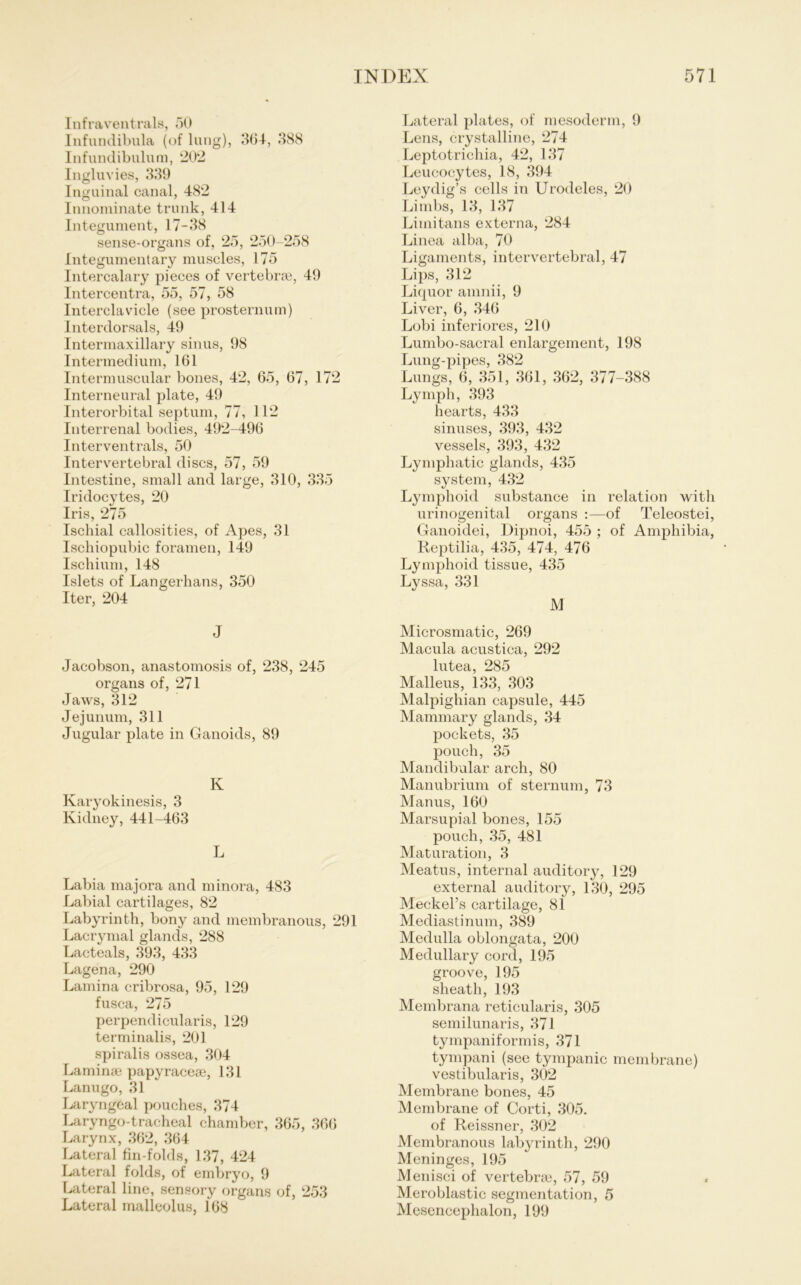 Infraventrals, 50 Infundibula (of lung), 364, 388 Infundibulum, 20*2 Ingluvies, 339 Inguinal canal, 482 Innominate trunk, 414 Integument, 17-38 sense-organs of, 25, 250-258 Integumentary muscles, 175 Intercalary pieces of vertebrse, 49 Intercentra, 55, 57, 58 Interclavicle (see prosternum) Interdorsals, 49 Intermaxillary sinus, 98 Intermedium, 161 Intermuscular bones, 42, 65, 67, 172 Interneural plate, 49 Interorbital septum, 77, 112 luterrenal bodies, 492-496 Interventrals, 50 Intervertebral discs, 57, 59 Intestine, small and large, 310, 335 Iridocytes, 20 Iris, 275 Iscliial callosities, of Apes, 31 Ischiopubic foramen, 149 Ischium, 148 Islets of Langerhans, 350 Iter, 204 J Jacobson, anastomosis of, 238, 245 organs of, 271 Jaws, 312 Jejunum, 311 Jugular plate in Ganoids, 89 K Karyokinesis, 3 Kidney, 441-463 L Labia majora and minora, 483 Labial cartilages, 82 Labyrinth, bony and membranous, 291 Lacrymal glands, 288 Lacteals, 393, 433 Lagena, 290 Lamina cribrosa, 95, 129 fusca, 275 perpendicularis, 129 terminalis, 201 spiralis ossea, 304 Laminse papyracese, 131 Lanugo, 31 Laryngeal pouches, 374 Laryngo-tracheal chamber, 365, 366 Larynx, 362, 364 Lateral fin-folds, 137, 424 Lateral folds, of embryo, 9 Lateral line, sensory organs of, 253 Lateral malleolus, 168 Lateral plates, of mesoderm, 9 Lens, crystalline, 274 Leptotrichia, 42, 137 Leucocytes, 18, 394 Leydig’s cells in Urodeles, 20 Limbs, 13, 137 Limitans externa, 284 Linea alba, 70 Ligaments, intervertebral, 47 Lips, 312 Liquor amnii, 9 Liver, 6, 346 Lobi inferiores, 210 Lumbo-sacral enlargement, 198 Lung-pipes, 382 Lungs, 6, 351, 361, 362, 377-388 Ly mph, 393 hearts, 433 sinuses, 393, 432 vessels, 393, 432 Lymphatic glands, 435 System, 432 Lymphoid substance in relation witli urinogenital organs :—of Teleostei, Ganoidei, Dipnoi, 455 ; of Amphibia, Reptilia, 435, 474, 476 Lymphoid tissue, 435 Lyssa, 331 M Microsmatic, 269 Macula acustica, 292 lutea, 285 Malleus, 133, 303 Malpighian capsule, 445 Mammary glands, 34 pockets, 35 pouch, 35 Mandibular arch, 80 Manubrium of sternum, 73 Manus, 160 Marsupial bones, 155 pouch, 35, 481 Maturation, 3 Meatns, internal auditory, 129 external auditory, 130, 295 Meckel’s cartilage, 81 Mediastinum, 389 Medulla oblongata, 200 Medullary cord, 195 groove, 195 sheath, 193 Membrana reticularis, 305 semilunaris, 371 tympaniformis, 371 tympani (see tympanic membrane) vestibularis, 302 Membrane bones, 45 Membrane of Corti, 305. of Reissner, 302 Membranous labyrinth, 290 Meninges, 195 Menisci of vertebra3, 57, 59 Meroblastic Segmentation, 5 Mesencephalon, 199