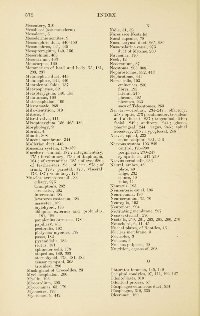 Mesentery, 310 Mesoblast (see mesoderm) Mesoderm, 5 Mesodermic somites, 9 Mesonephric duct, 446-450 Mesonephros, 441, 445 Mesopterygium, 140, 156 Mesorchium, 463 Mesovarium, 463 Metacarpus, 160 Metamerism of head and body, 75, 181, 233, 237 Metanepliric duct, 445 Metanephros, 441, 446 Metapleural folds, 137 Metapophyses, 62 Metapterygium, 140, 155 Metatarsus, 160 Metenceplialon, 199 Microsmatic, 269 Milk-dentition, 319 Mitosis, 3 Mitral valve, 411 Mixopterygium, 156, 465, 486 Morphology, 2 Morula, 4 Mouth, 308 Mucous membrane, 344 Müllerian duct, 446 Muscular System, 173-189 Museles :—cranial, 1S7 ; integumentary, 175 ; involuntary, 173 ; of diaphragm, 184 ; of extremities, 185 ; of eye, 286 ; of feather-sacs, 25; of iris, 275 ; of trunk, 179; parietal, 173; visceral, 173, 187 ; voluntary, 173 Muscles, arrectores pili, 33 ciliary, 275 Crampton’s, 282 cremaster, 482 intercostal 182 levatores costarum, 182 masseter, 189 mylohyoid, 188 obliquus externus and profundns, 181, 182 panniculus carnosus, 178 papillary, 411 pectoralis, 182 platysma myoides, 178 psoas, 182 pyramidalis, 183 rectus, 181 sphincter colli, 178 stapedius, 189, 303 sternohyoid, 173, 181, 183 tensor tympani, 303 troohlear, 286 Musk-gland of Crocodiles, 23 Myelencephalon, 200 Myelin, 193 Myocardium, 395. JMyoconnnas, 63, 179 Myomeres, 179 Myotomes, 9, 442 N. Nails, 31, 32 Nares (see Nostrils) Nasal capsules, 78 Naso-lacrymal duct, 265, 289 Naso-palatine canal, 273 duct of Myxine, 260 Navicular, 170 Neck, 12 Neocraniiun, 87 Neostoma, 203, 308 Nephrostomes, 392, 443 Nephrotome, 441 Nerve-cells, 193 eminences, 250 fibres, 193 lateral, 245 phrenic, 185 plexuses, 233 sacs of Teleostomes, 253 Nerves :—cerebral, 234-247 ; olfactory, 258 ; optic, 273 ; oculumotor, trochlear and abducent, 237 ; trigeminal, 240 ; facial, 242; auditory, 244 ; glosso- pharyngeal, 244; vagus, 245; spinal accessory, 245 ; hypoglossal, 246 Nerves, spinal, 233 spino-occipital, 231, 246 Nervous System, 193-249 central, 195-230 peripheral, 230-247 sympathetic, 247-249 Nervus terminalis, 236 Neural, arches, 48 plate, 49 ridge, 232 spines, 49 tube, 11 Neuraxis, 193 Neurenteric canal, 195 Neurilemma, 193 Neurocraniiun, 75, 76 Neuroglia, 193 Neuropore, 204 Nictitating membrane, 287 Nose (external), 270 Nostrils, 259, 261, 263, 265, 266, 270 Notochord, 6, 11, 45 Nuchal plates, of Reptiles, 43 Nuclear membrane, 3 Nucleolus, 3 Nucleus, 3 Nucleus pulposus, 60 Nutrition, organs of, 308 0 Obturator foramen, 145, 149 Occipital condyles, 97, 111, 122, 127 Odontoblasts, 313 Odontoid process, 57 (Esophageo-cutaneous duct, 354 Oesophagus, 310, 335 Olecranon, 169