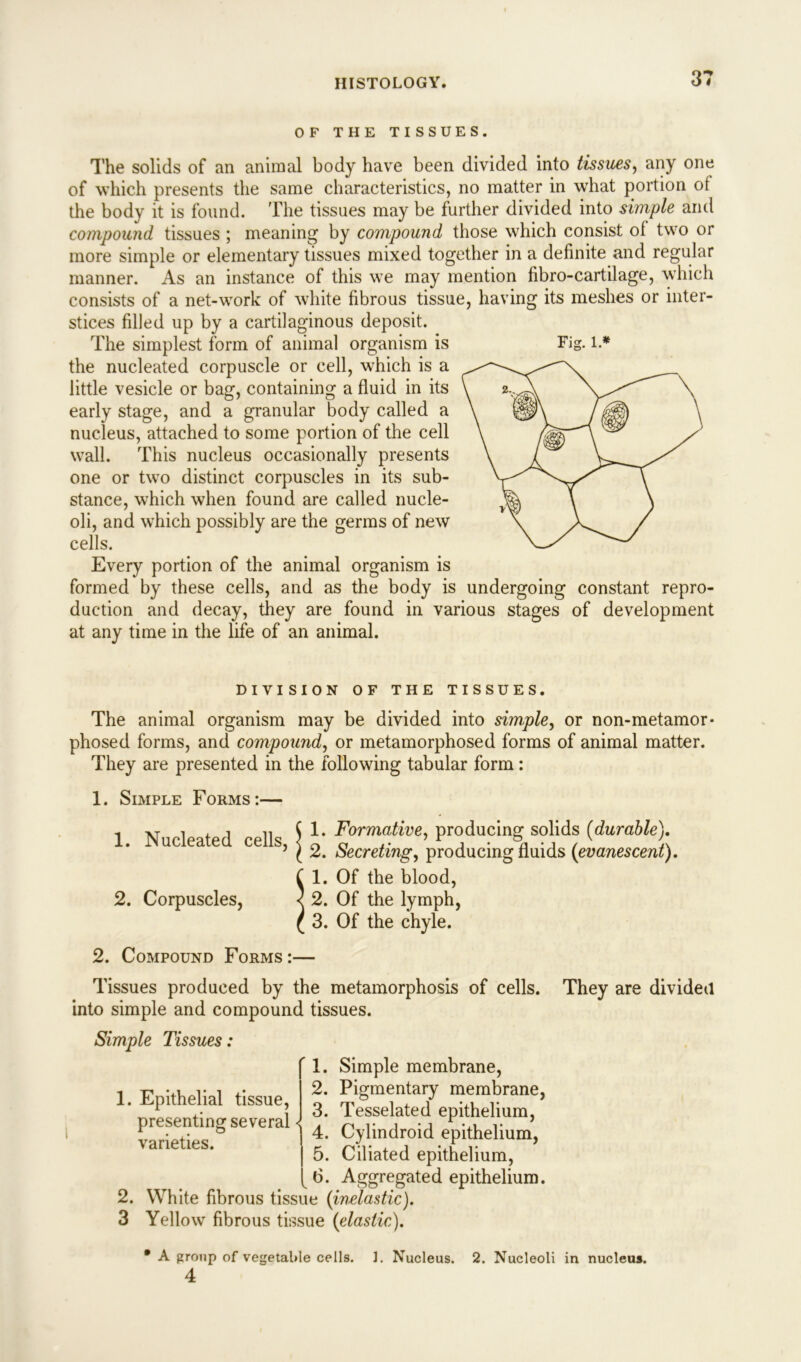 OF THE T I SSUES. The solids of an animal body have been divided into tissues, any one of which presents the same characteristics, no matter in what portion of the body it is found. The tissues may be further divided into simple and compound tissues ; meaning by compound those which consist ol two or more simple or elementary tissues mixed together in a definite and regular manner. As an instance of this we may mention fibro-cartilage, which consists of a net-work of white fibrous tissue, having its meshes or inter- stices filled up by a cartilaginous deposit. The simplest form of animal organism is Fig. l * the nucleated corpuscle or cell, which is a little vesicle or bag, containing a fluid in its early stage, and a granular body called a nucleus, attached to some portion of the cell wall. This nucleus occasionally presents one or two distinct corpuscles in its sub- stance, which when found are called nucle- oli, and which possibly are the germs of new cells. Every portion of the animal organism is formed by these cells, and as the body is undergoing constant repro- duction and decay, they are found in various stages of development at any time in the life of an animal. DIVISION OF THE TISSUES. The animal organism may be divided into simple, or non-metamor* phosed forms, and compound, or metamorphosed forms of animal matter. They are presented in the following tabular form: 1. Simple Forms:— 1 M i i ( 1. Formative, producing solids [durable). j. • in ucieaieci ecus, \ a #• j • n • i / 5 l 2. Secreting, producing fluids [evanescent). C 1. Of the blood, 2. Corpuscles, < 2. Of the lymph, ( 3. Of the chyle. 2. Compound Forms:— Tissues produced by the metamorphosis of cells, into simple and compound tissues. Simple Tissues: 1. Simple membrane, 2. Pigmentary membrane, 3. Tesselated 4. Cylindroid 5. Ciliated ep 6. Aggregated epithelium. 2. White fibrous tissue [inelastic). 3 Yellow fibrous tissue [elastic). epithelium, epithelium, ithelium, 1. Epithelial tissue, presenting several < varieties. They are divided • A group of vegetable cells. 1. Nucleus. 2. Nucleoli in nucleus. 4