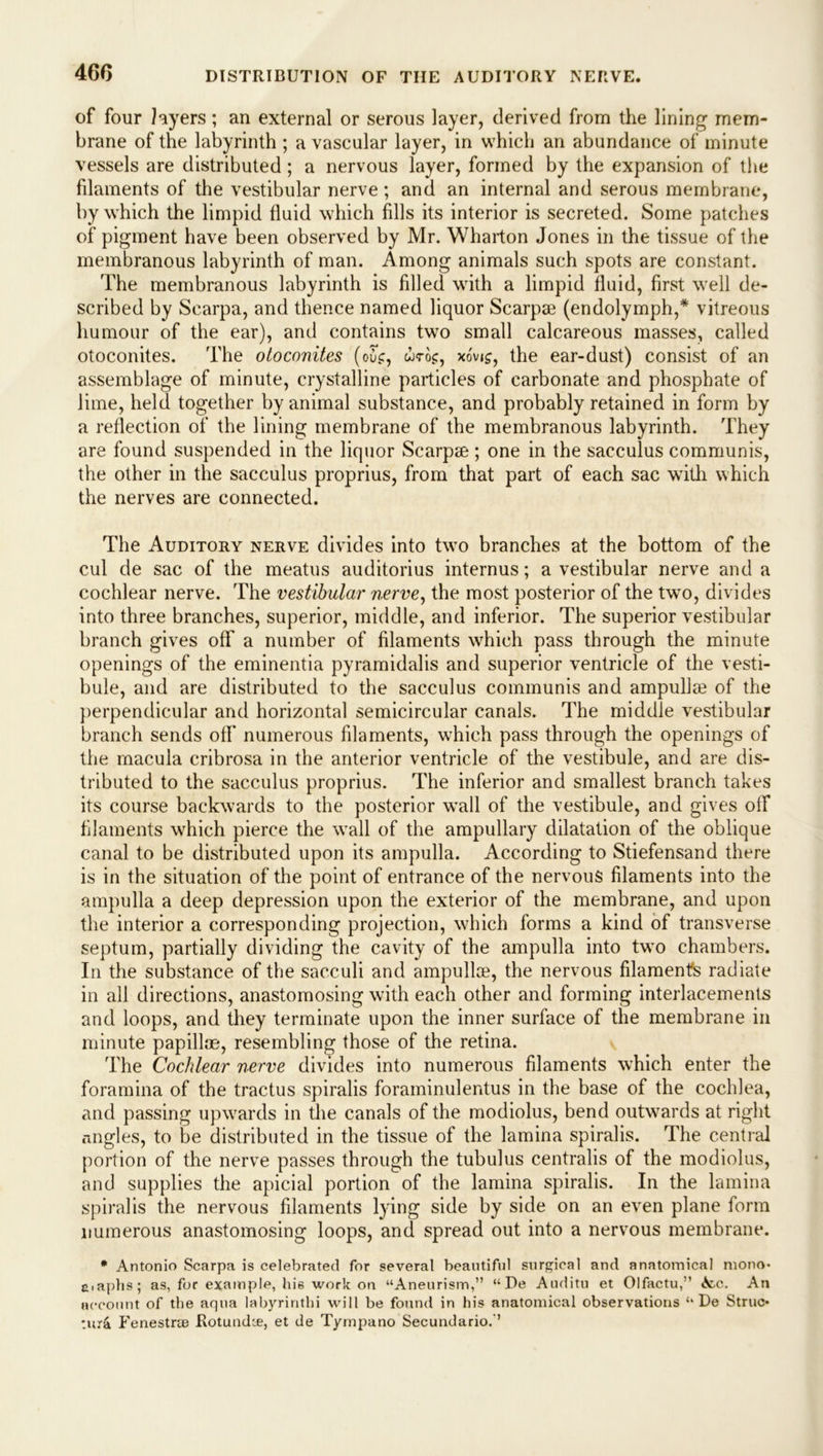 460 DISTRIBUTION OF THE AUDITORY NERVE. of four layers; an external or serous layer, derived from the lining mem- brane of the labyrinth ; a vascular layer, in which an abundance of minute vessels are distributed; a nervous layer, formed by the expansion of the filaments of the vestibular nerve; and an internal and serous membrane, by which the limpid fluid which fills its interior is secreted. Some patches of pigment have been observed by Mr. Wharton Jones in the tissue of the membranous labyrinth of man. Among animals such spots are constant. The membranous labyrinth is filled with a limpid fluid, first well de- scribed by Scarpa, and thence named liquor Scarpse (endolymph,* vitreous humour of the ear), and contains two small calcareous masses, called otoconites. The otoconites (ouV, wtoxo'vi£, the ear-dust) consist of an assemblage of minute, crystalline particles of carbonate and phosphate of lime, held together by animal substance, and probably retained in form by a reflection of the lining membrane of the membranous labyrinth. They are found suspended in the liquor Scarpae; one in the sacculus communis, the other in the sacculus proprius, from that part of each sac with which the nerves are connected. The Auditory nerve divides into twTo branches at the bottom of the cul de sac of the meatus auditorius internus; a vestibular nerve and a cochlear nerve. The vestibular nerve, the most posterior of the two, divides into three branches, superior, middle, and inferior. The superior vestibular branch gives off a number of filaments which pass through the minute openings of the eminentia pyramidalis and superior ventricle of the vesti- bule, and are distributed to the sacculus communis and ampullae of the perpendicular and horizontal semicircular canals. The middle vestibular branch sends off numerous filaments, which pass through the openings of the macula cribrosa in the anterior ventricle of the vestibule, and are dis- tributed to the sacculus proprius. The inferior and smallest branch takes its course backwards to the posterior w’all of the vestibule, and gives olf filaments which pierce the wrall of the ampullary dilatation of the oblique canal to be distributed upon its ampulla. According to Stiefensand there is in the situation of the point of entrance of the nervous filaments into the ampulla a deep depression upon the exterior of the membrane, and upon the interior a corresponding projection, which forms a kind of transverse septum, partially dividing the cavity of the ampulla into twro chambers. In the substance of the sacculi and ampullae, the nervous filament's radiate in all directions, anastomosing with each other and forming interlacements and loops, and they terminate upon the inner surface of the membrane in minute papillae, resembling those of the retina. The Cochlear nerve divides into numerous filaments which enter the foramina of the tractus spiralis foraminulentus in the base of the cochlea, and passing upwards in the canals of the modiolus, bend outwards at right angles, to be distributed in the tissue of the lamina spiralis. The central portion of the nerve passes through the tubulus centralis of the modiolus, and supplies the apicial portion of the lamina spiralis. In the lamina spiralis the nervous filaments lying side by side on an even plane form numerous anastomosing loops, and spread out into a nervous membrane. * Antonio Scarpa is celebrated for several beautiful surgical and anatomical mono- eiaphs; as, for example, hie work on “Aneurism,” “ De Auditu et Olfactu,” ic c. An account of the aqua labyrinthi will be found in his anatomical observations “ De Struc- ture Fenestrac Rotundte, et de Tympano Secundario.”