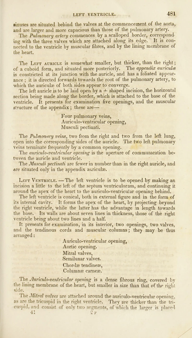 sinuses are situated behind the valves at the commencement of the aorta, and are larger and more capacious than those of the pulmonary artery. Hie Pulmonary artery commences by a scalloped border, correspond- ing with the three valves which are attached along its edge. It is con- nected to the ventricle by muscular fibres, and by the lining membrane of the heart. The Left auricle is somewhat smaller, but thicker, than the right; of a cuboid form, and situated more posteriorly. The appendix auricula is constricted at its junction with the auricle, and has a foliated appear- ance ; it is directed forwards towards the root of the pulmonary artery, to which the auricula? of both sides appear to converge. The left auricle is to be laid open by a shaped incision, the horizontal section being made along the border, which is attached to the base of the ventricle. It presents for examination five openings, and the muscular structure of the appendix; these are— Four pulmonary veins, Auriculo-ventricular opening, Musculi pectinati. The Pulmonary veins, two from the right and two from the left lung, open into the corresponding sides of the auricle. The two left pulmonary veins terminate frequently by a common opening. The auriculo-ventricular opening is the aperture of communication be- tween the auricle and ventricle. The Musculi pectinati are fewer in number than in the right auricle, and are situated only in the appendix auriculae. Left Ventricle.—The left ventricle is to be opened by making an incision a little to the left of the septum ventriculoram, and continuing it around the apex of the heart to the auriculo-ventricular opening behind. The left ventricle is conical, both in external figure and in the form of its internal cavity. It forms the apex of the heart, by projecting beyond the right ventricle, while the latter has the advantage .in length towards the base. Its walls are about seven lines in thickness, those of the right ventricle being about two lines and a half. It presents for examination, in its interior, two openings, two valves, and the tendinous cords and muscular columns; the}' may be thus arranged: Auriculo-ventricular opening, Aortic opening. Mitral valves, Semilunar valves. Chordae tendineae, Columnae carneae. The Auriculo-ventricular opening is a dense fibrous ring, covered by the lining membrane of the heart, but smaller in size than that of the right side. The Mitral valves are attached around the auriculo-ventricular opening, as are the tricuspid in the right ventricle. They are thicker than the tri- cuspid, and consist of only two segments, of which the larger is placed 41 2 f