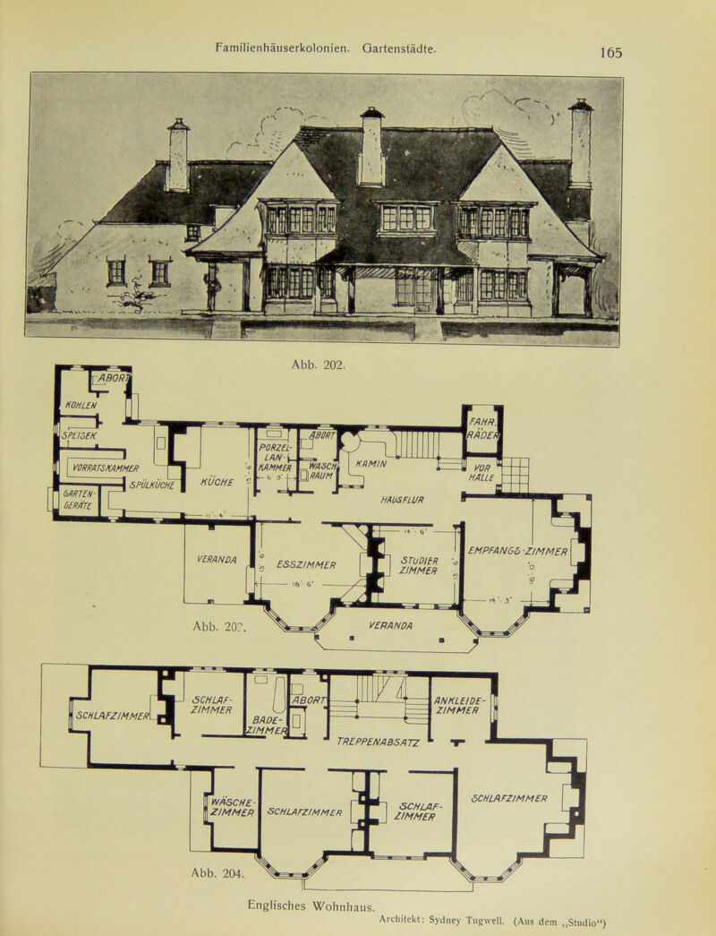 Abb. 202. Abb. 204 Englisches Wohnhaus. Architekt: Sydney Tugwell. (Aus dem „Studio“)