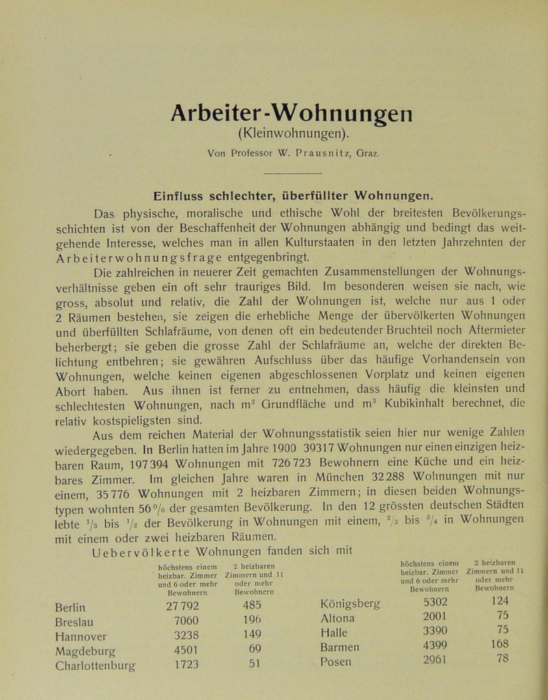 Arbeiter-Wohnungen (Kleinwohnungen). Von Professor W. Prausnitz, Graz. Einfluss schlechter, überfüllter Wohnungen. Das physische, moralische und ethische Wohl der breitesten Bevölkerungs- schichten ist von der Beschaffenheit der Wohnungen abhängig und bedingt das weit- gehende Interesse, welches man in allen Kulturstaaten in den letzten Jahrzehnten der Arbeiterwohnungsfrage entgegenbringt. Die zahlreichen in neuerer Zeit gemachten Zusammenstellungen der Wohnungs- verhältnisse geben ein oft sehr trauriges Bild. Im besonderen weisen sie nach, wie gross, absolut und relativ, die Zahl der Wohnungen ist, welche nur aus 1 oder 2 Räumen bestehen, sie zeigen die erhebliche Menge der übervölkerten Wohnungen und überfüllten Schlafräume, von denen oft ein bedeutender Bruchteil noch Aftermieter beherbergt; sie geben die grosse Zahl der Schlafräume an, welche der direkten Be- lichtung entbehren; sie gewähren Aufschluss über das häufige Vorhandensein von Wohnungen, welche keinen eigenen abgeschlossenen Vorplatz und keinen eigenen Abort haben. Aus ihnen ist ferner zu entnehmen, dass häufig die kleinsten und schlechtesten Wohnungen, nach m2 Grundfläche und m3 Kubikinhalt berechnet, die relativ kostspieligsten sind. Aus dem reichen Material der Wohnungsstatistik seien hier nur wenige Zahlen wiedergegeben. In Berlin hatten im Jahre 1900 39317 Wohnungen nur einen einzigen heiz- baren Raum, 197 394 Wohnungen mit 726 723 Bewohnern eine Küche und ein heiz- bares Zimmer. Im gleichen Jahre waren in München 32288 Wohnungen mit nur einem, 35 776 Wohnungen mit 2 heizbaren Zimmern; in diesen beiden Wohnungs- typen wohnten 56% der gesamten Bevölkerung, ln den 12 grössten deutschen Städten lebte '/a bis % der Bevölkerung in Wohnungen mit einem, % bis % in Wohnungen mit einem oder zwei heizbaren Räumen. Uebervölkerte Wohnungen fanden sich mit höchstens einem 2 heizbaren heizbar. Zimmer Zimmern und 11 und 6 oder mehr oder mehr Bewohnern Bewohnern höchstens einem 2 heizbaren heizbar. Zimmer Zimmern und 11 und 6 oder mehr oder mehr Bewohnern Bewohnern Berlin 27 792 485 Breslau 7060 196 Hannover 3238 149 Magdeburg 4501 69 Charlottenburg 1723 51 Königsberg- 5302 124 Altona 2001 75 Halle 3390 75 Barmen 4399 168 Posen 2961 78